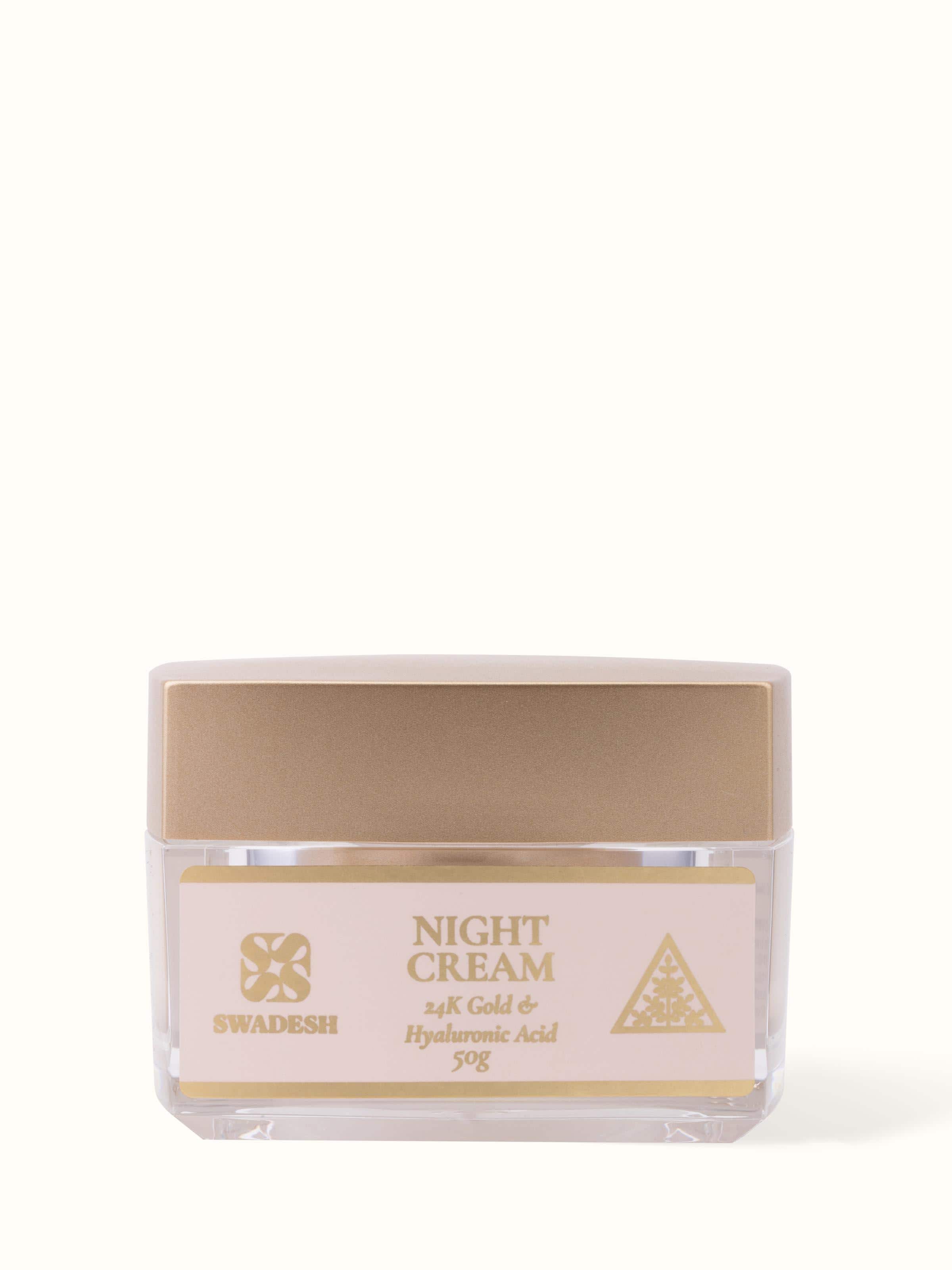 Front view of Night Cream 24K Gold & Hyaluronic Acid highlighting its luxurious packaging with a gold accent