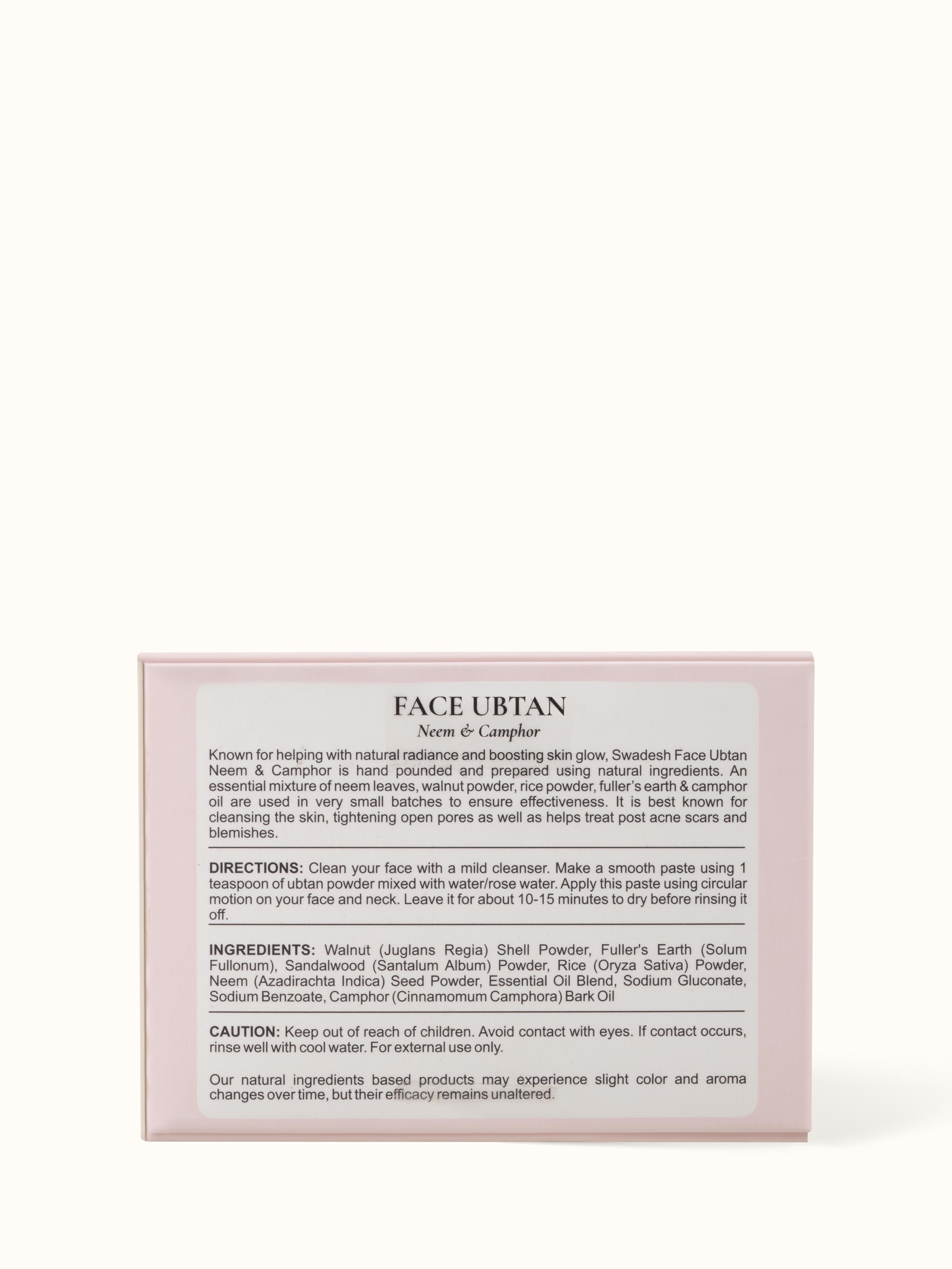 Back view of Face Ubtan Neem & Camphor revealing ingredients and usage instructions