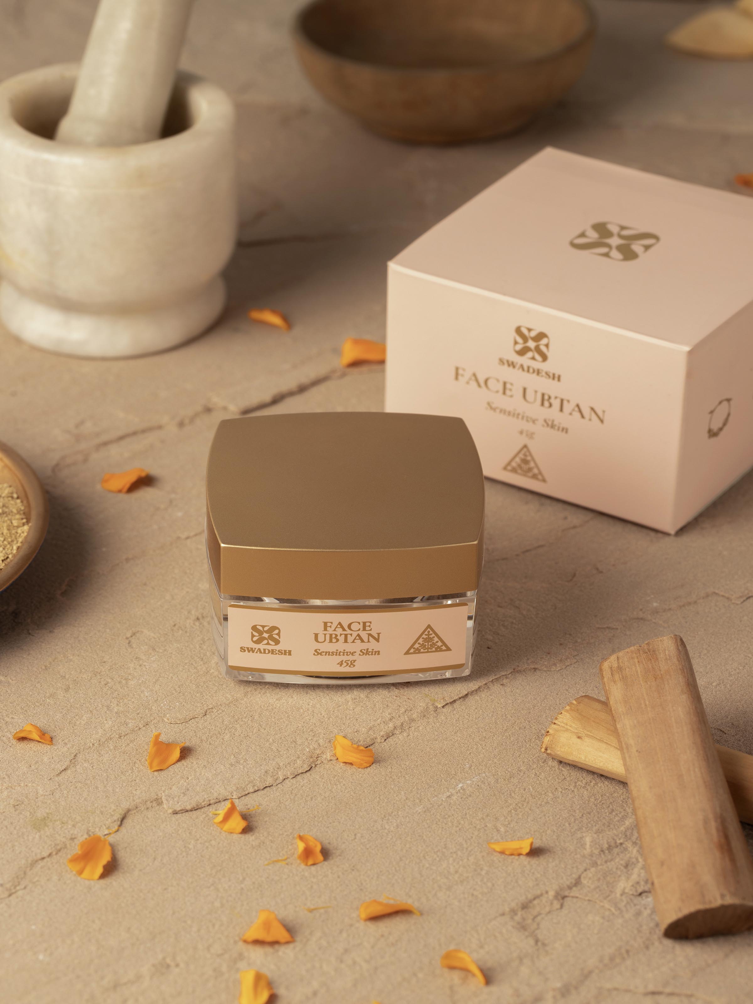 Side view of Face Ubtan Sensitive Skin highlighting the label details.