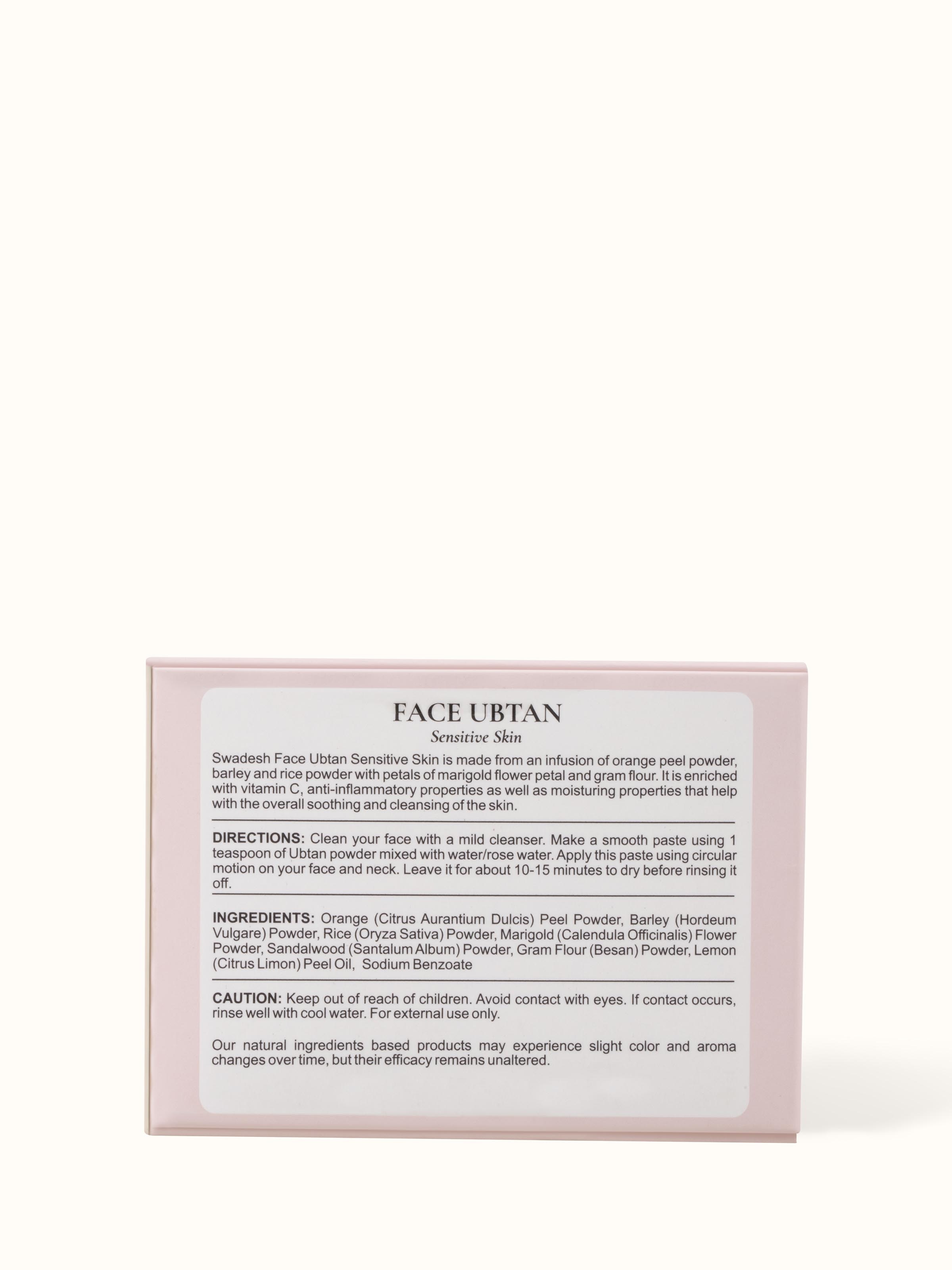 Angled view of Face Ubtan Sensitive Skin showing the overall packaging design.