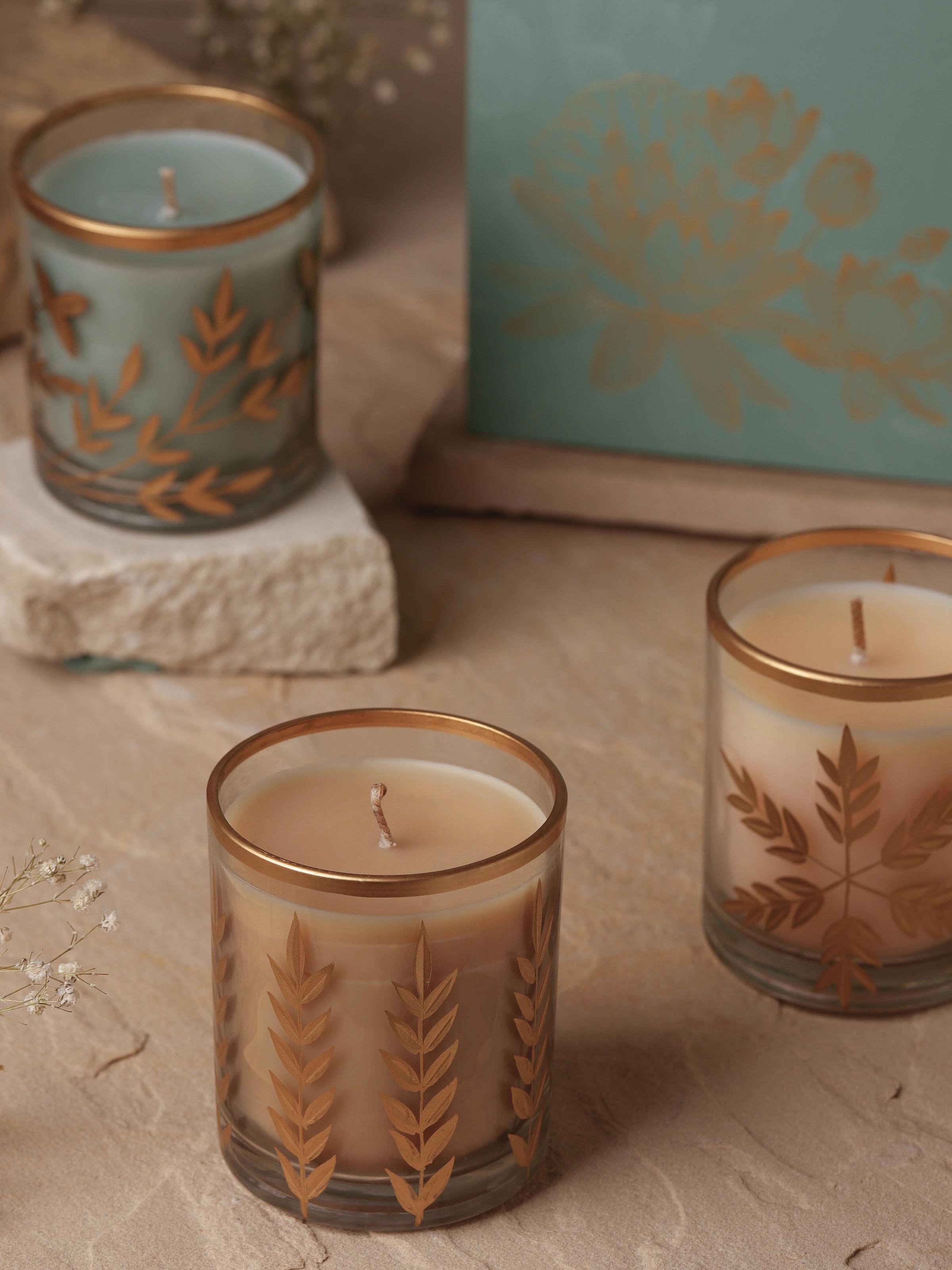 Side view of Mogra Glass Candle highlighting the intricate glasswork and candlewick