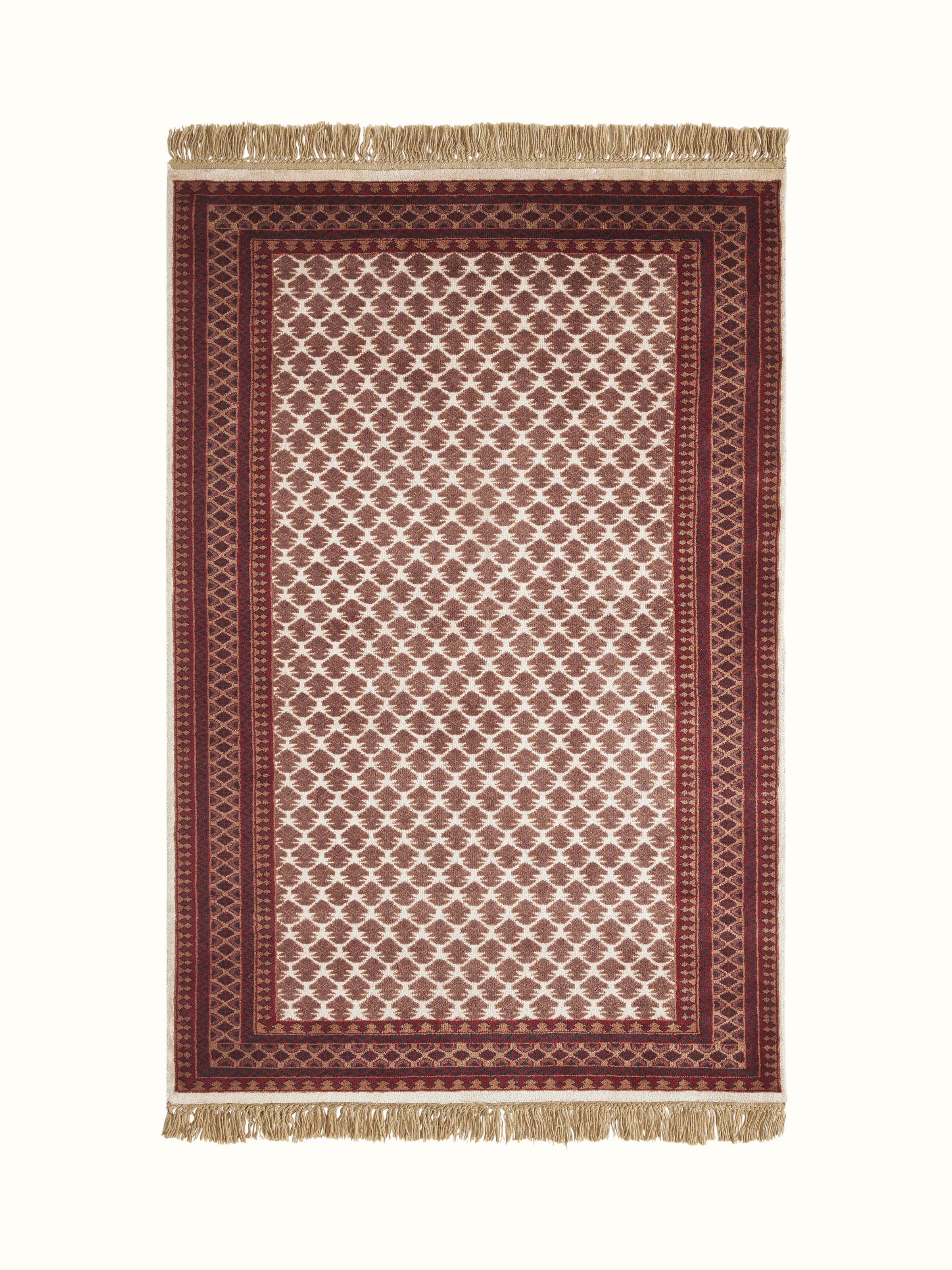 Full view of Traditional Lichi Ivory Rust Gwalior wool hand-knotted rug, showcasing its rich ivory and rust color palette and intricate design.