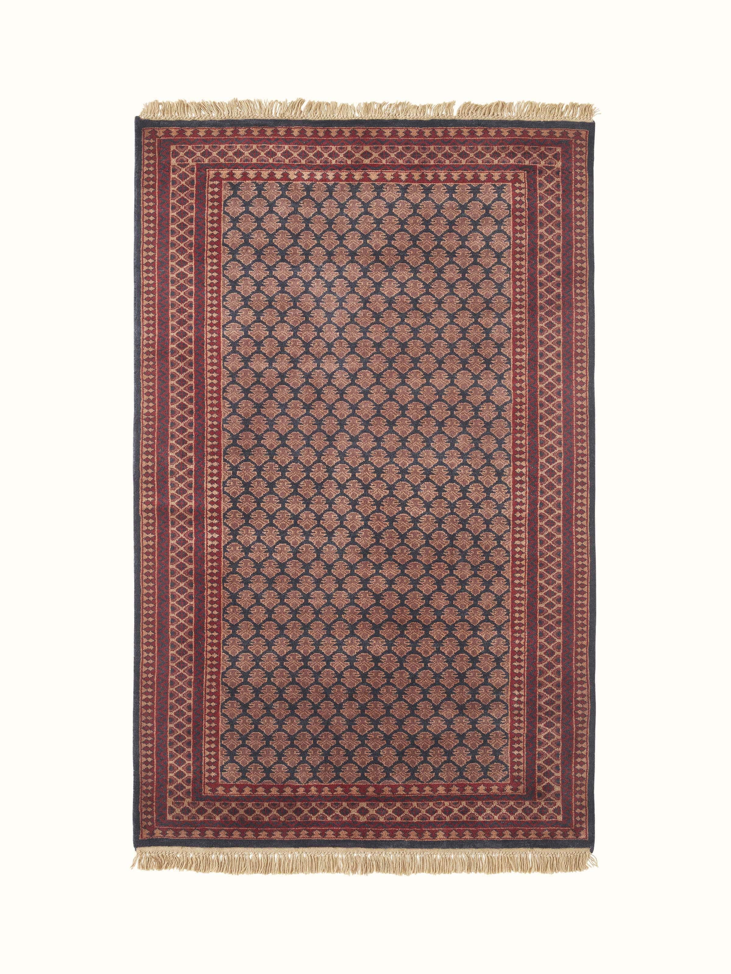 Front view of Traditional Lichi Red Charcoal Gwalior Wool Hand-Knotted Rug (4x6 ft) showcasing the rich color and design.
