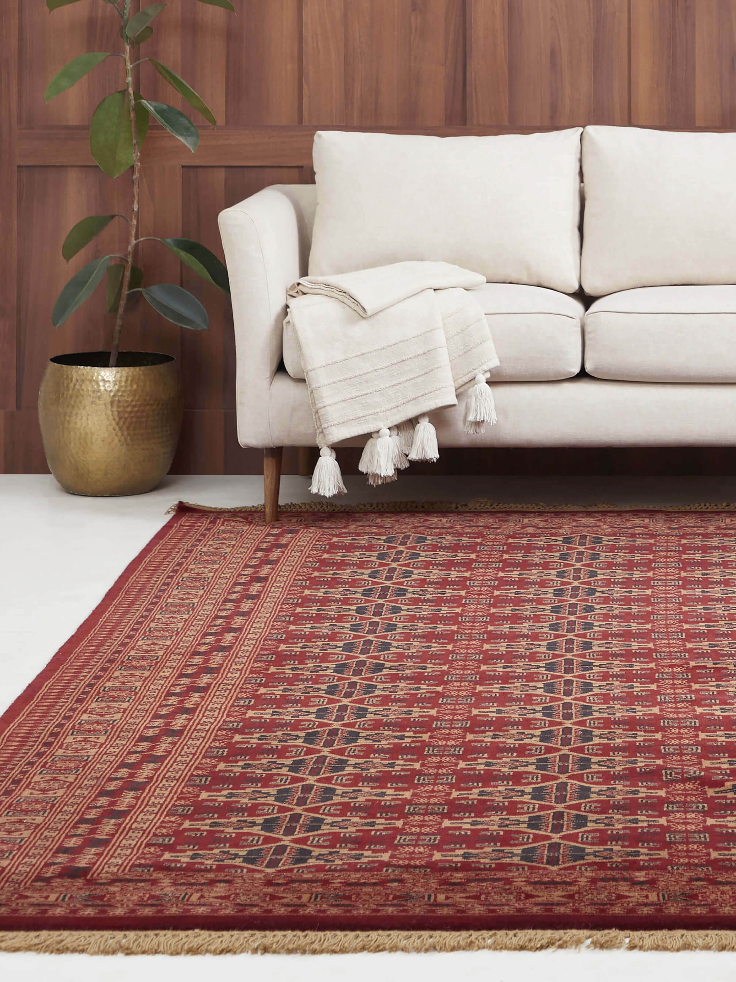 Full view of Traditional Bukhara Red Gwalior Wool Rug, featuring intricate hand-knotted detailing and rich warm tones in a classic 6x9 ft size.