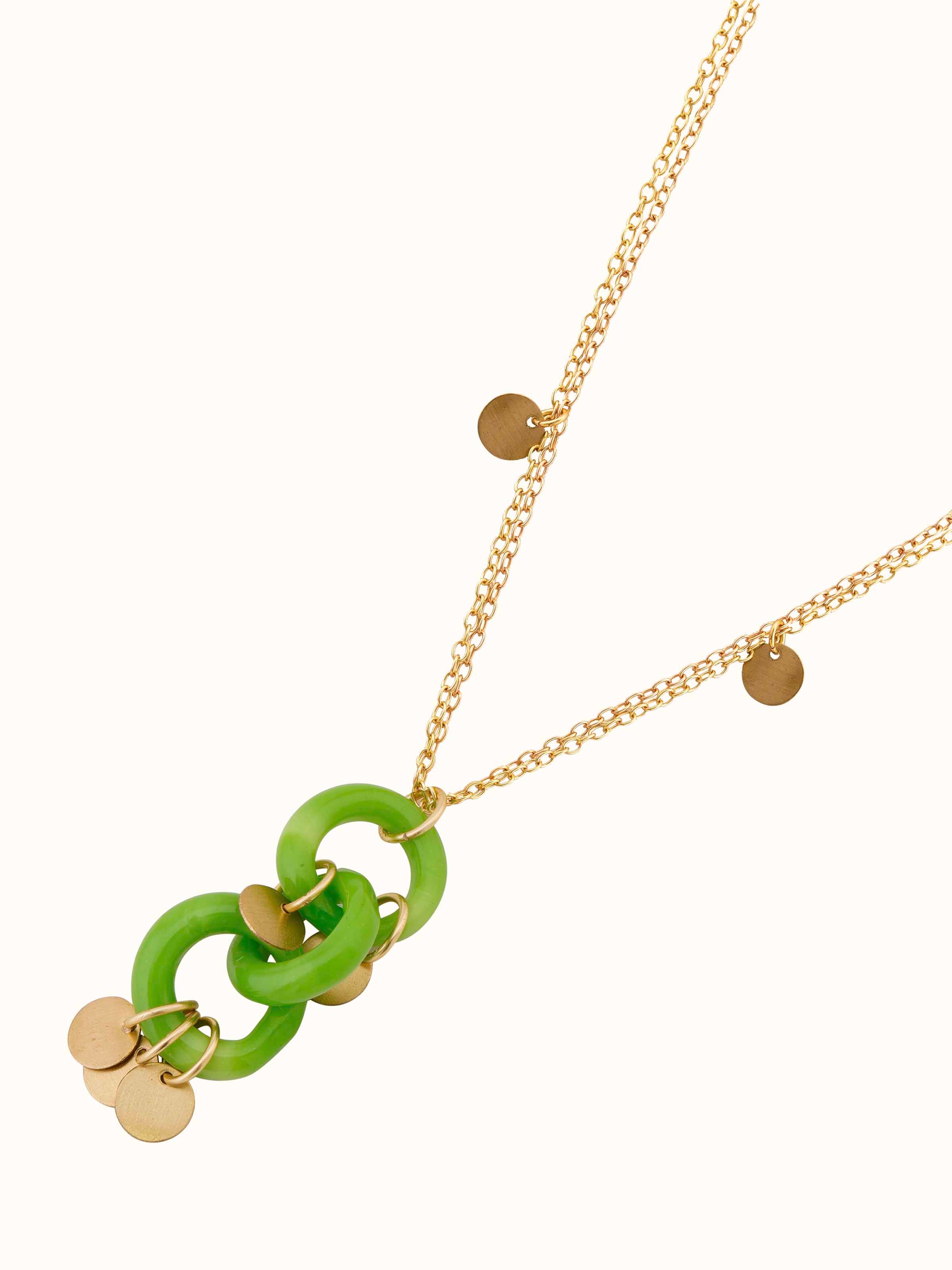 Angled view of Glass Bead Pendant & Chain showcasing its unique pendant design and colorful beads.