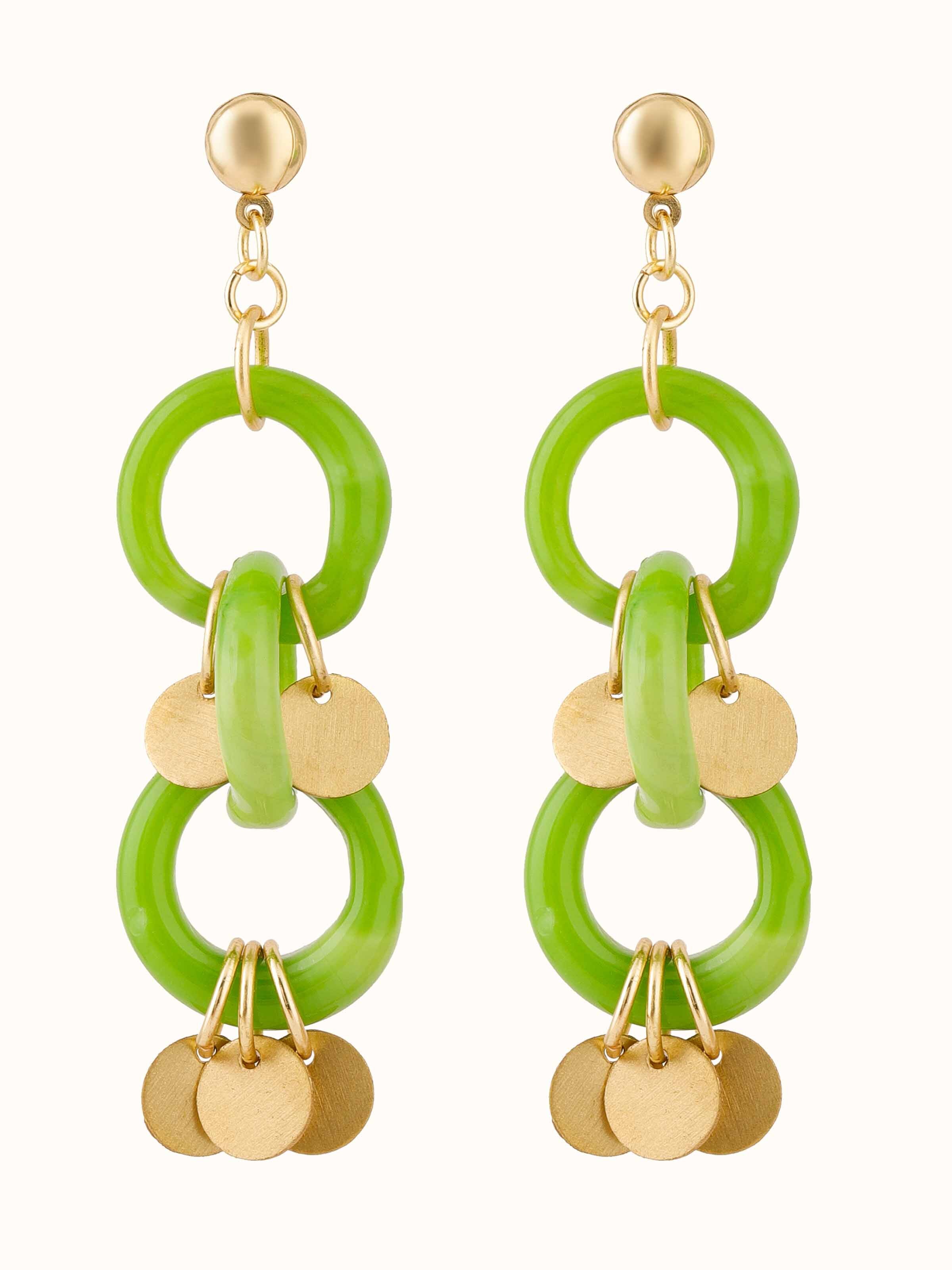 Front view of glass bead drop earrings with vibrant colors and elegant design.