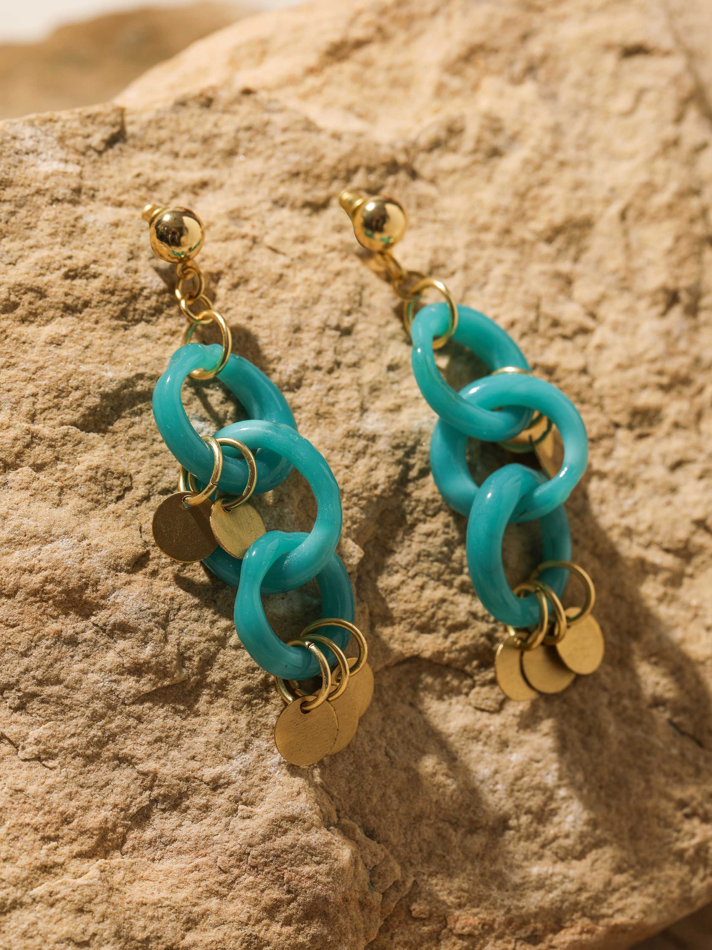 Side view of Glass bead drop earrings showcasing intricate design