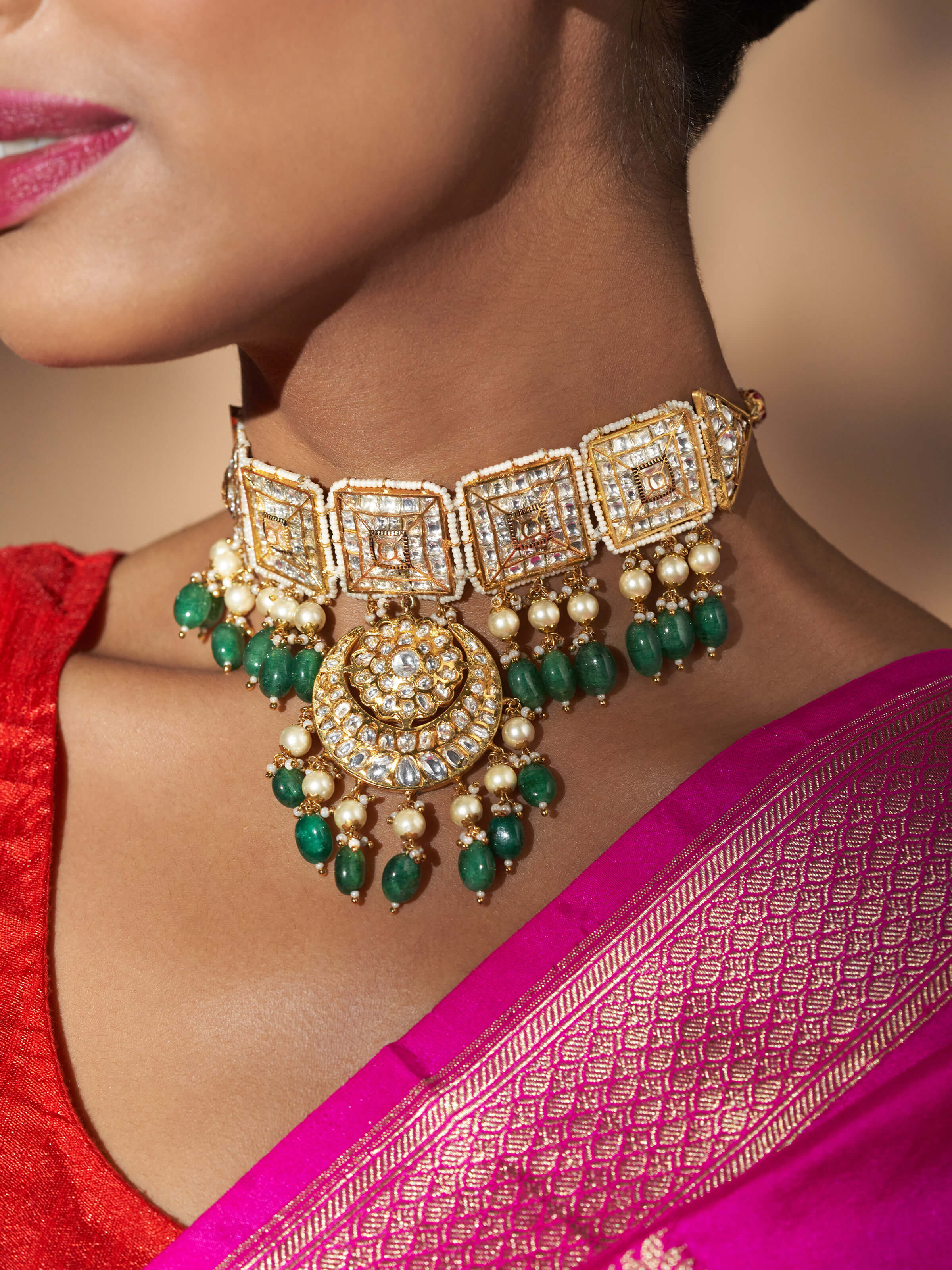 Close-up view of Bandhel Metal Collar Necklace showcasing the intricate metalwork and traditional design.