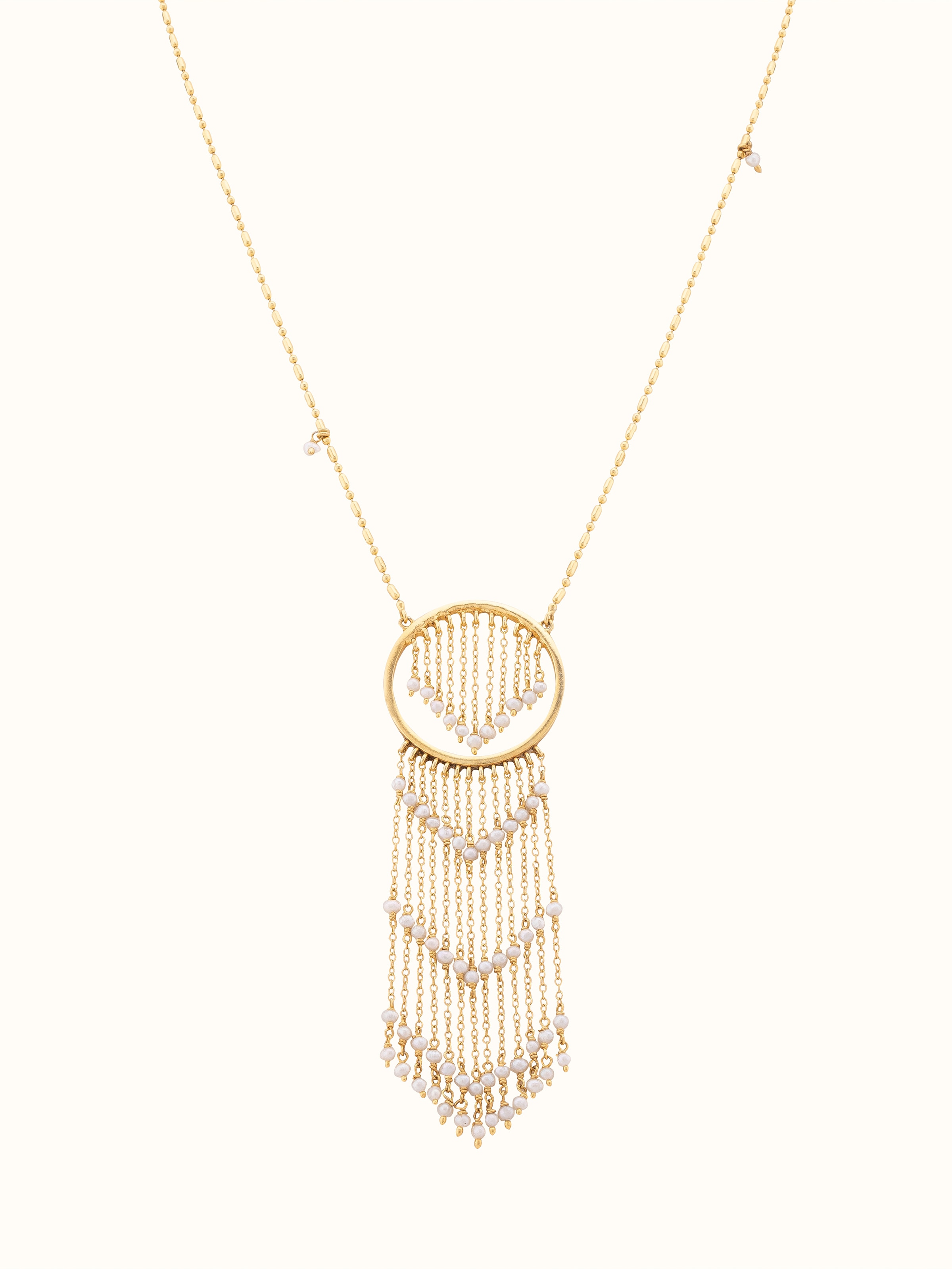 Front view of Silver Smithing Long Necklace showcasing its intricate silver design and length.