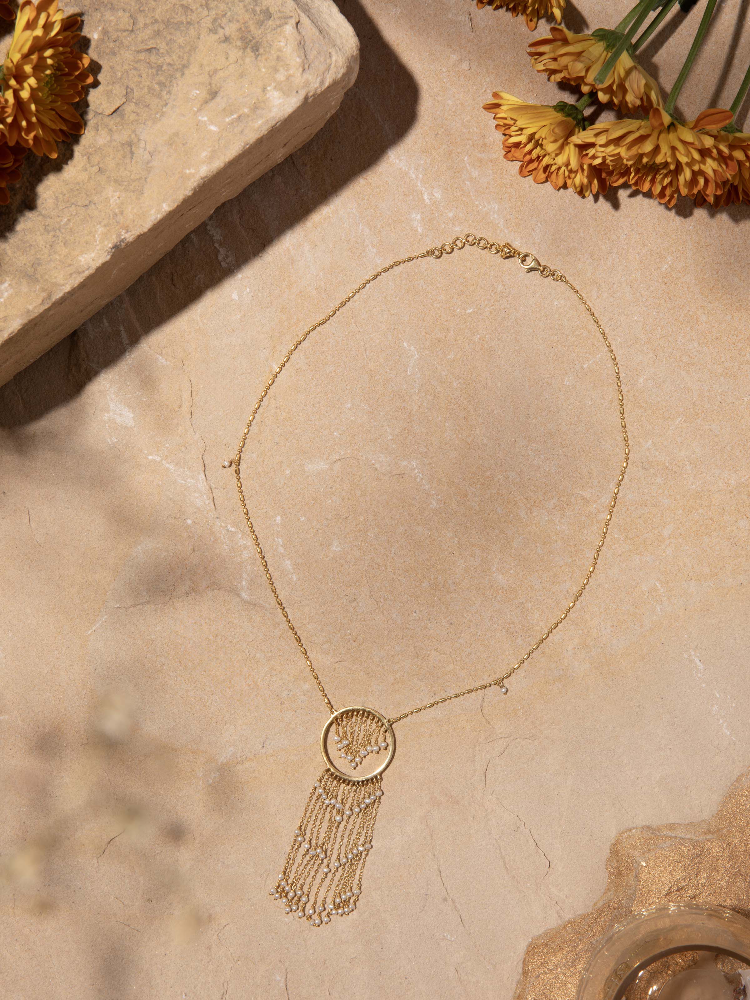 Angled view of Silver Smithing Long Necklace highlighting its stylish and intricate design.