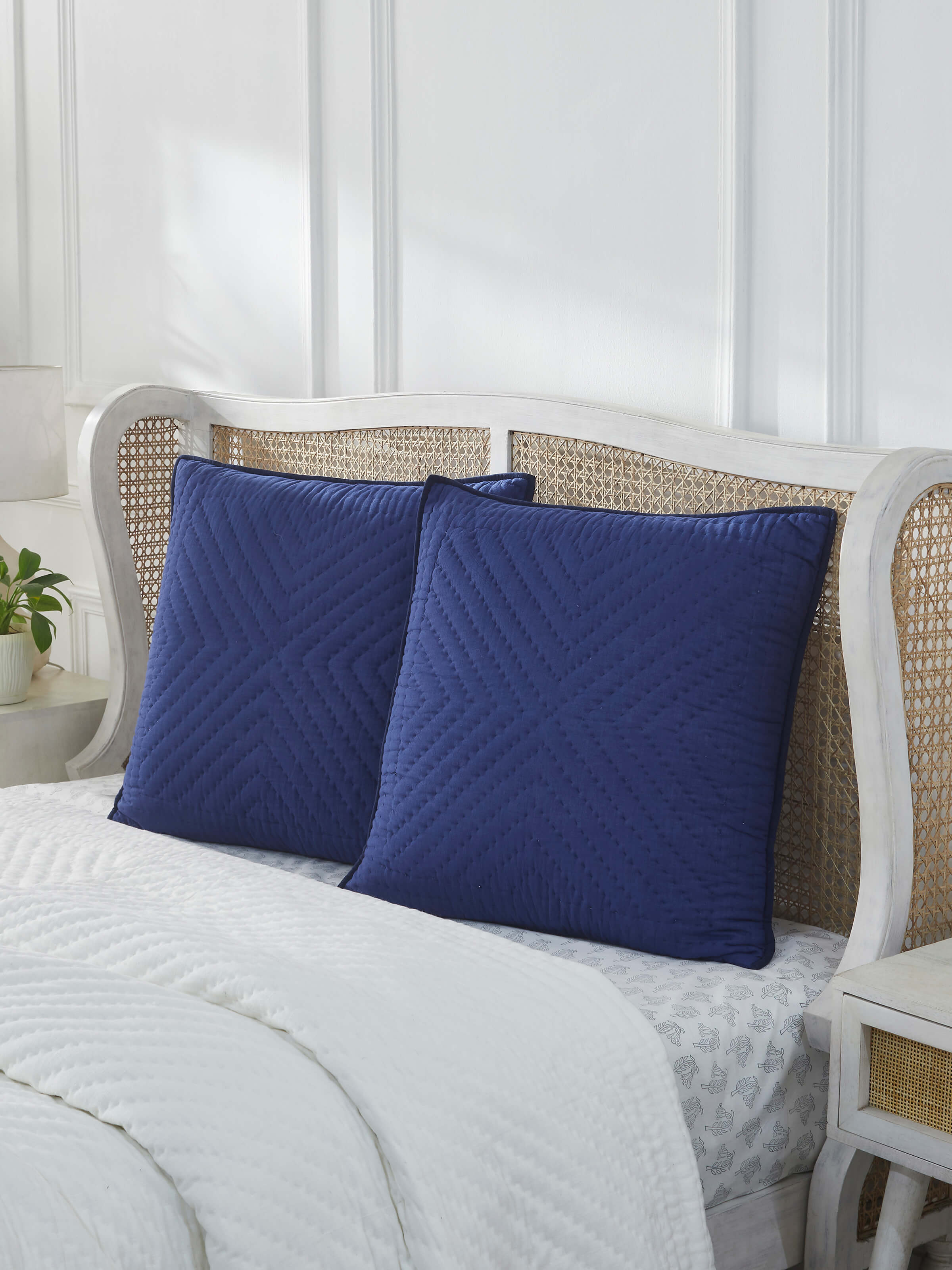 Close-up of Kalpanama indigo woven buti cotton euro shams highlighting the texture and intricate design