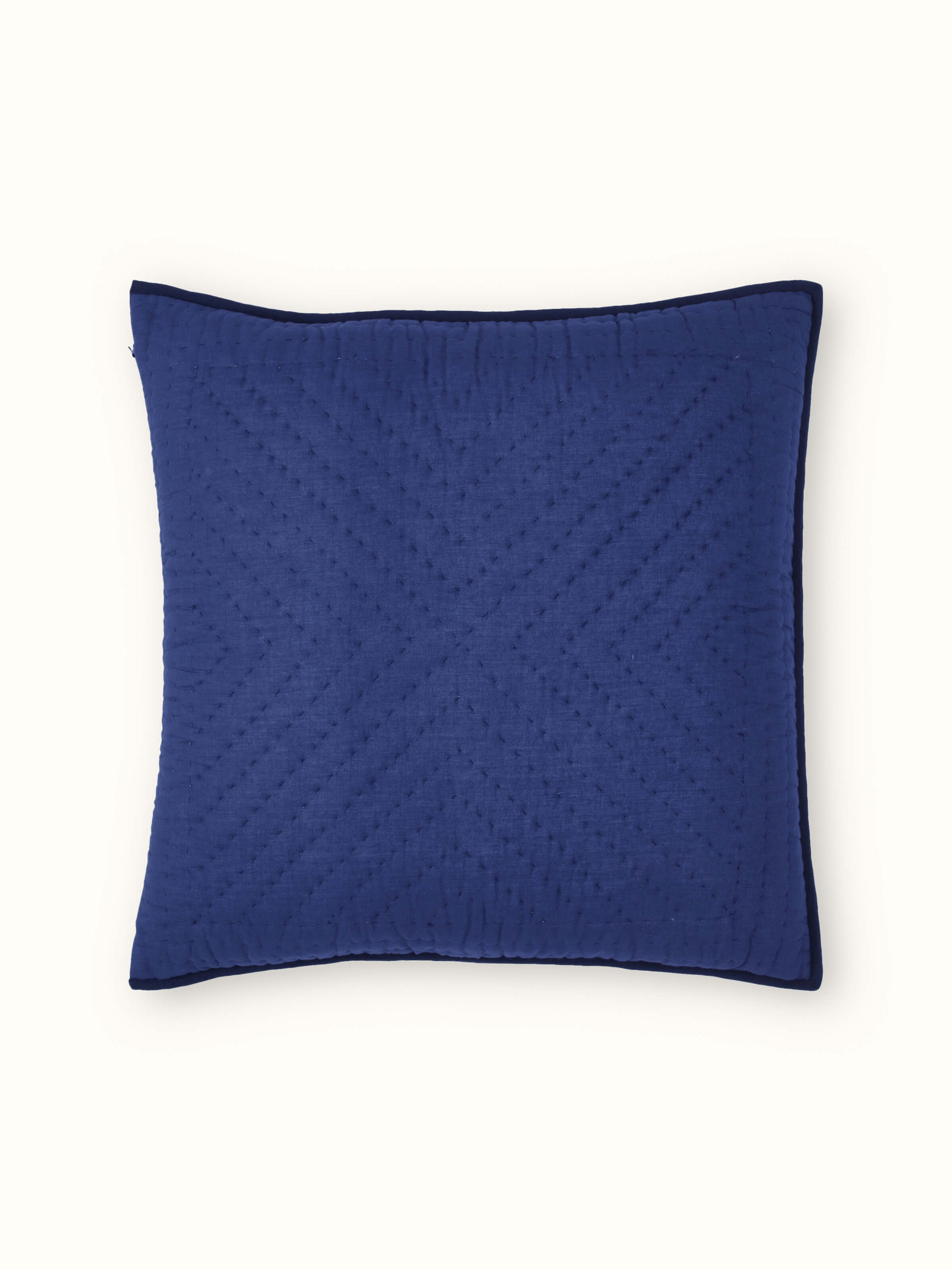 Overhead view of Kalpanama indigo woven buti cotton euro shams displaying their full design and color