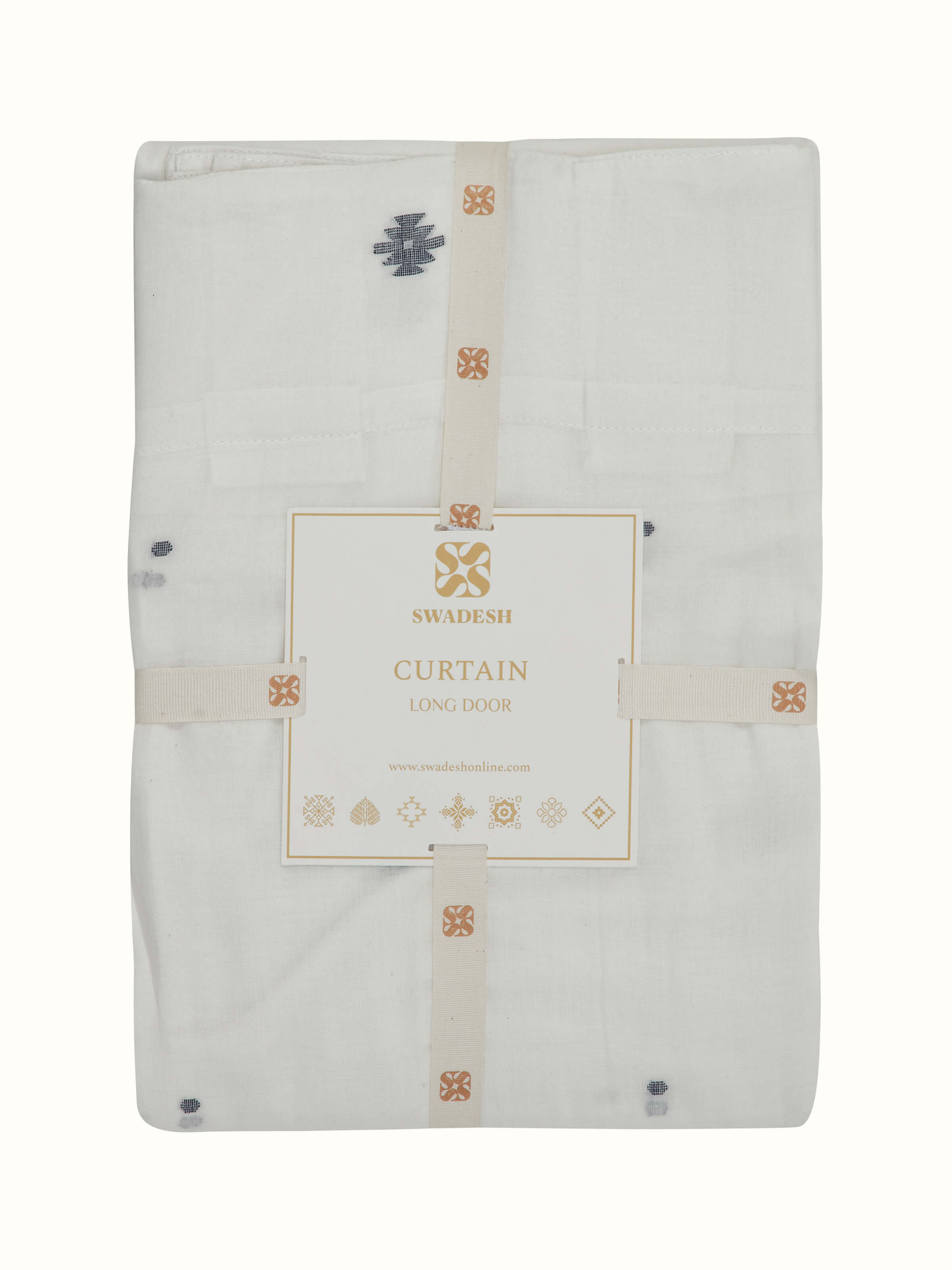 Detailed view of Kalpanama ivory & blue woven buti handloom cotton curtain (9 ft) focusing on the woven buti design.