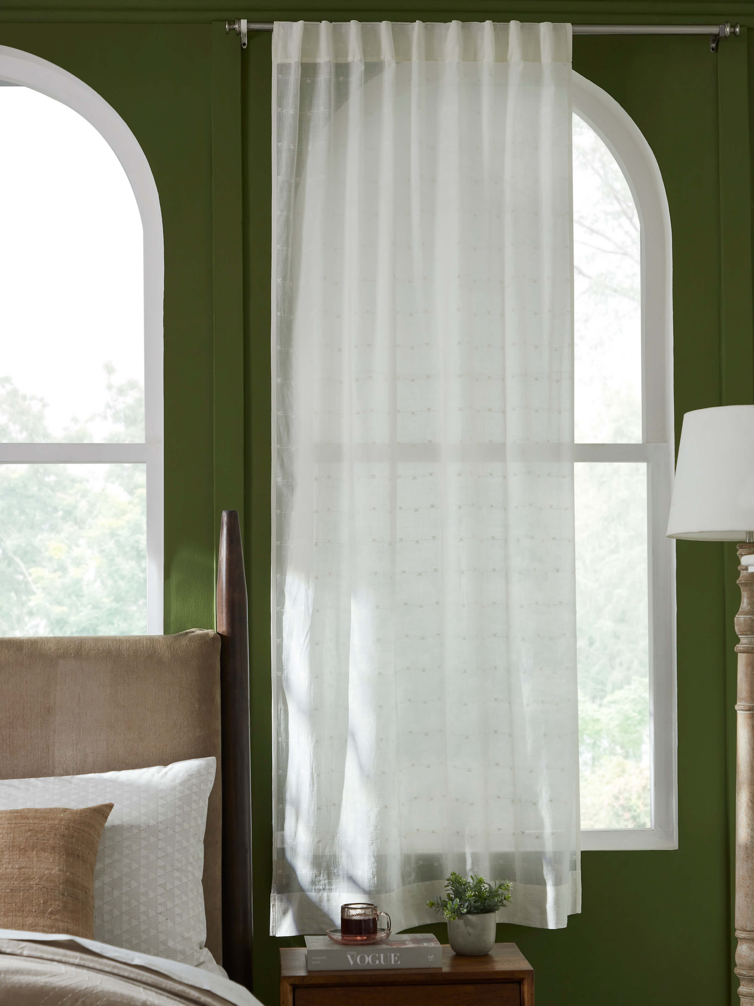 Close-up of the woven buti design on Kalpanama white handloom cotton curtain