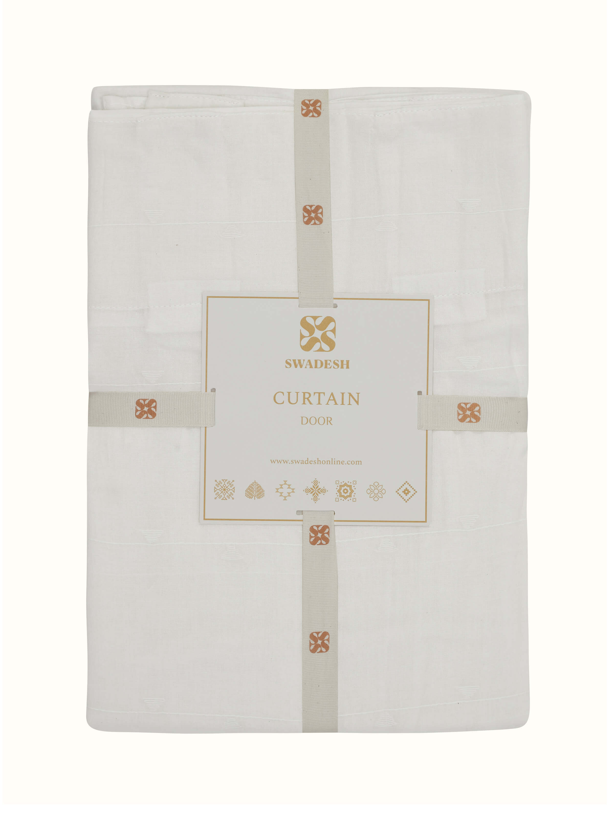 Close-up showing the intricate woven buti pattern on Kalpanama white handloom cotton curtain