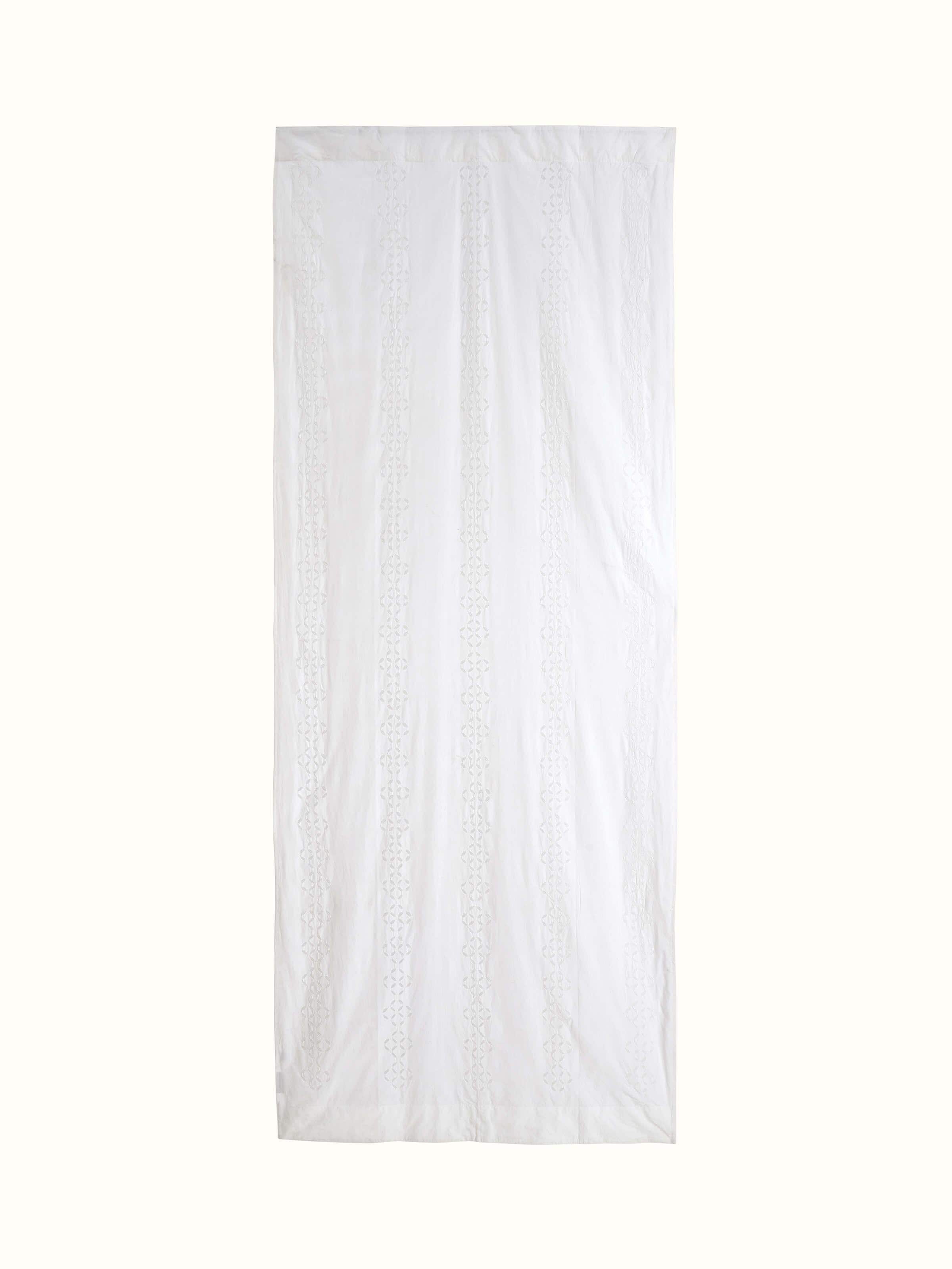 Mandana White Trellis Stripe Cotton Applique Sheer Curtain (9 ft), showcasing the elegant white trellis stripe design.