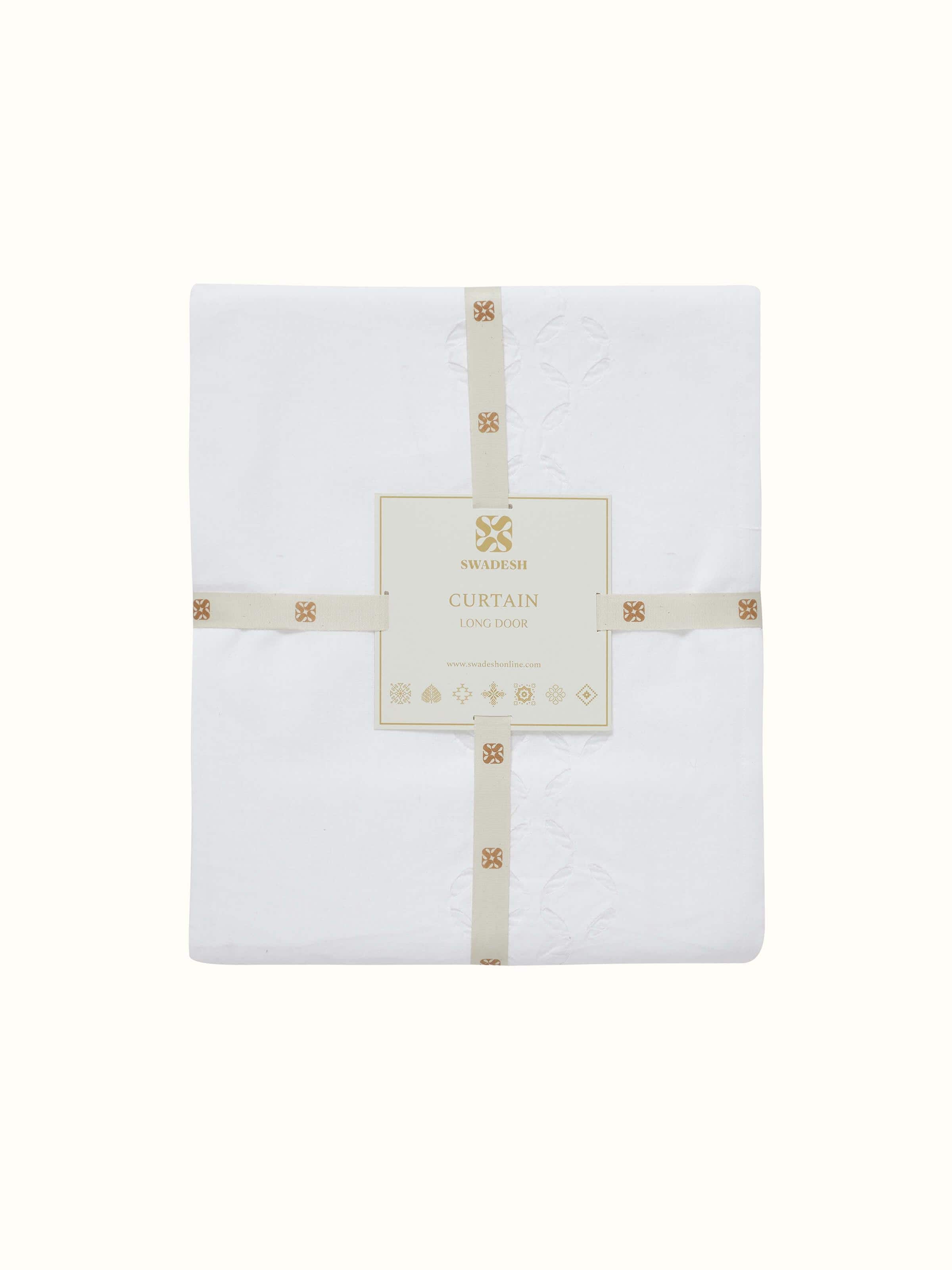 Mandana White Trellis Stripe Cotton Applique Sheer Curtain (9 ft), detailed look at the sheer fabric and trellis stripe pattern.