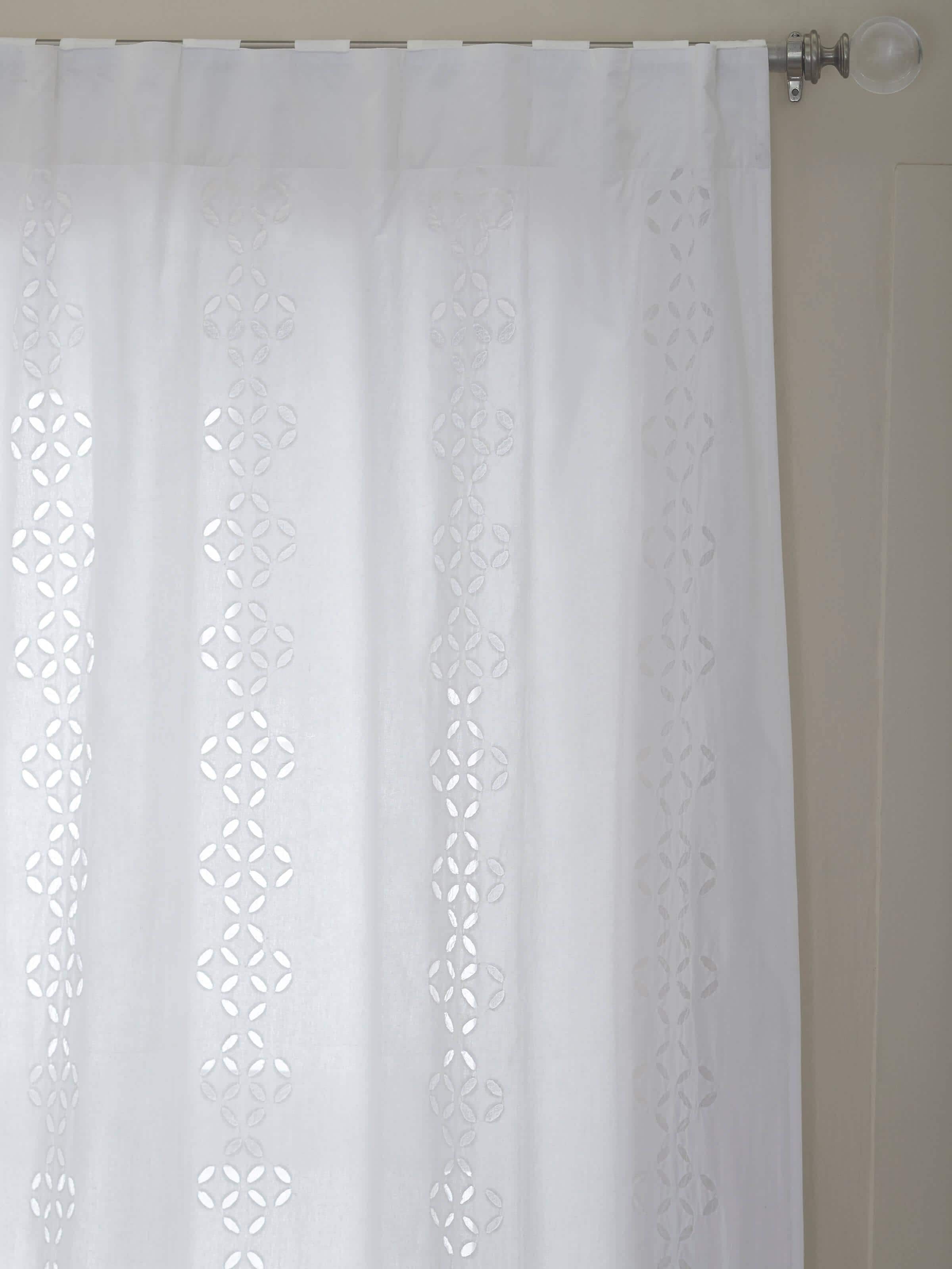 Mandana White Trellis Stripe Cotton Applique Sheer Curtain (9 ft), highlighting the sheer texture and intricate applique work.