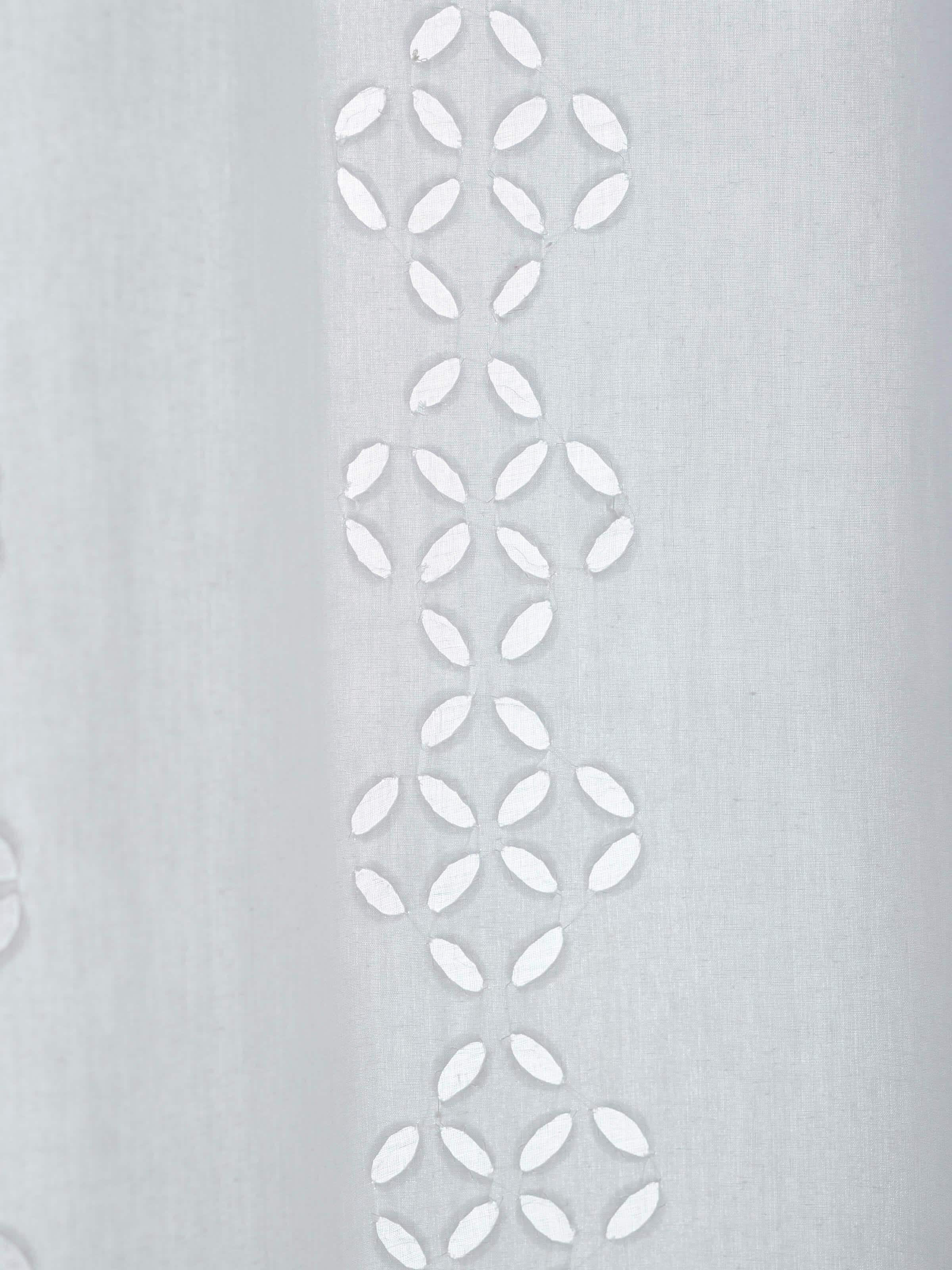 Close-up of Mandana White Trellis Stripe Cotton Applique Sheer Curtain (9 ft), focusing on the fine cotton fabric and stripe details.