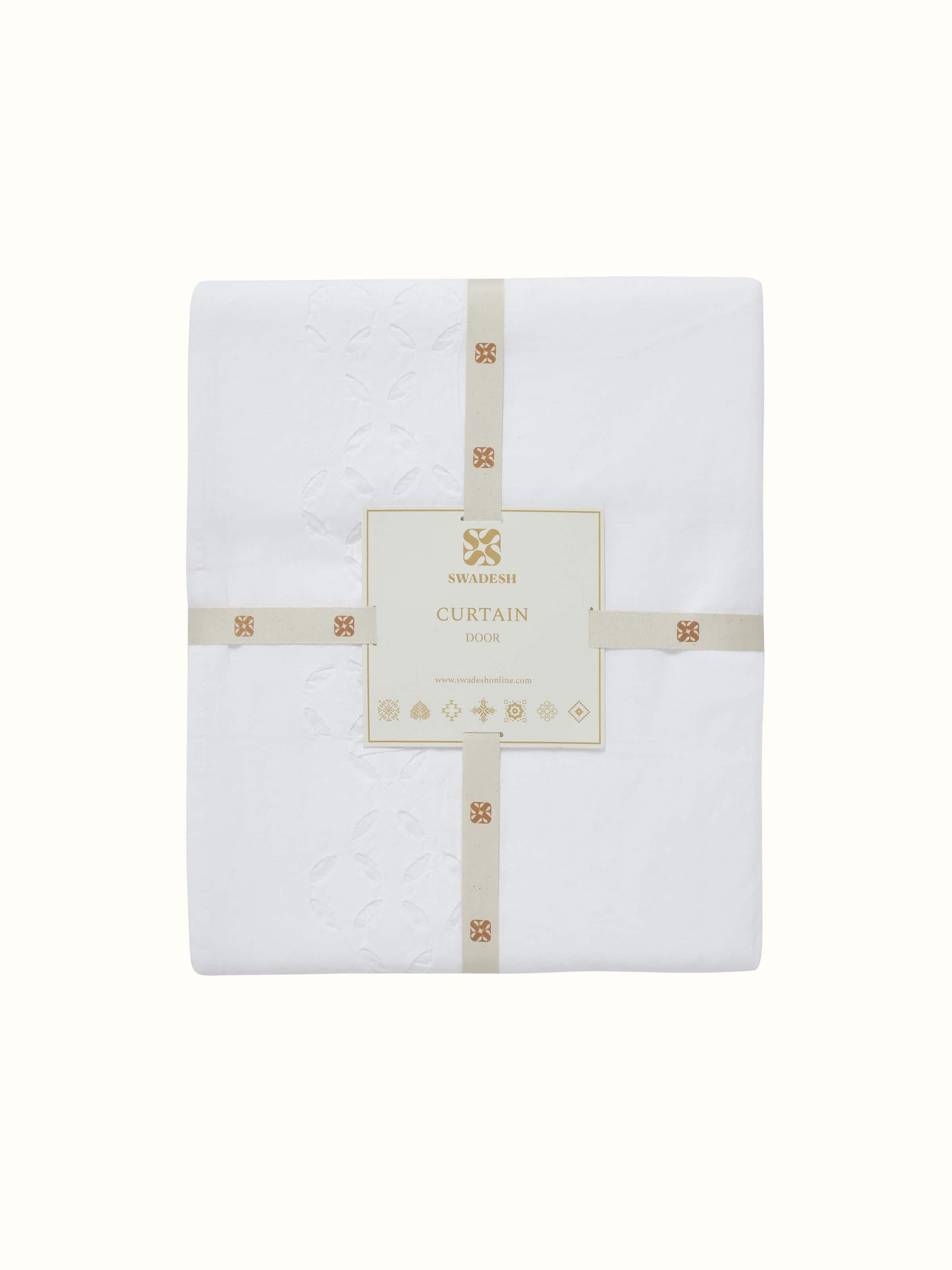 Full view of Mandana white trellis stripe cotton applique sheer curtain, showing its full length and elegant drape.