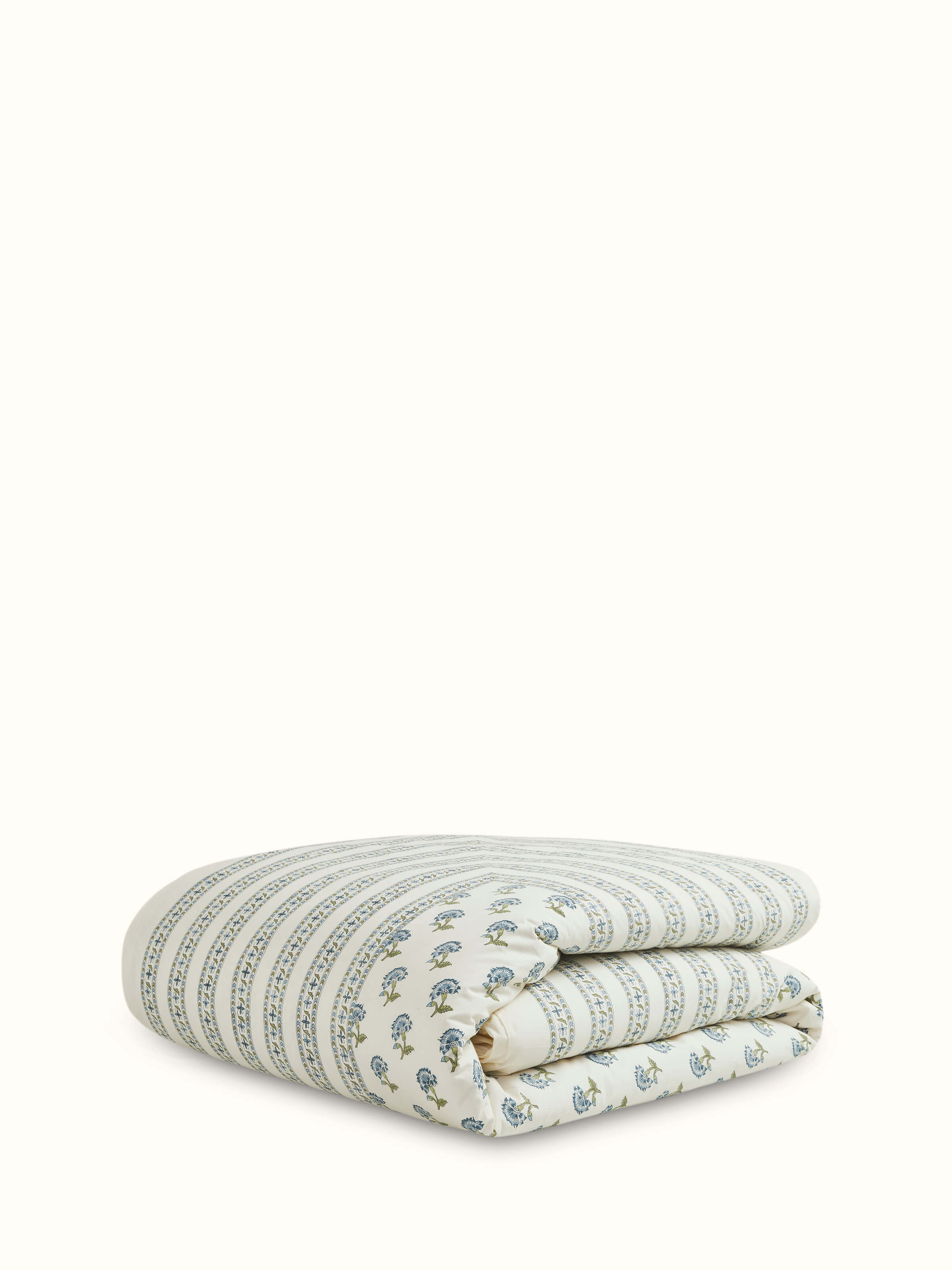 Close-up view of Aarunya Blue Floral Cotton Sanganeri Block Printed Queen Duvet Cover showing the detailed floral block print.