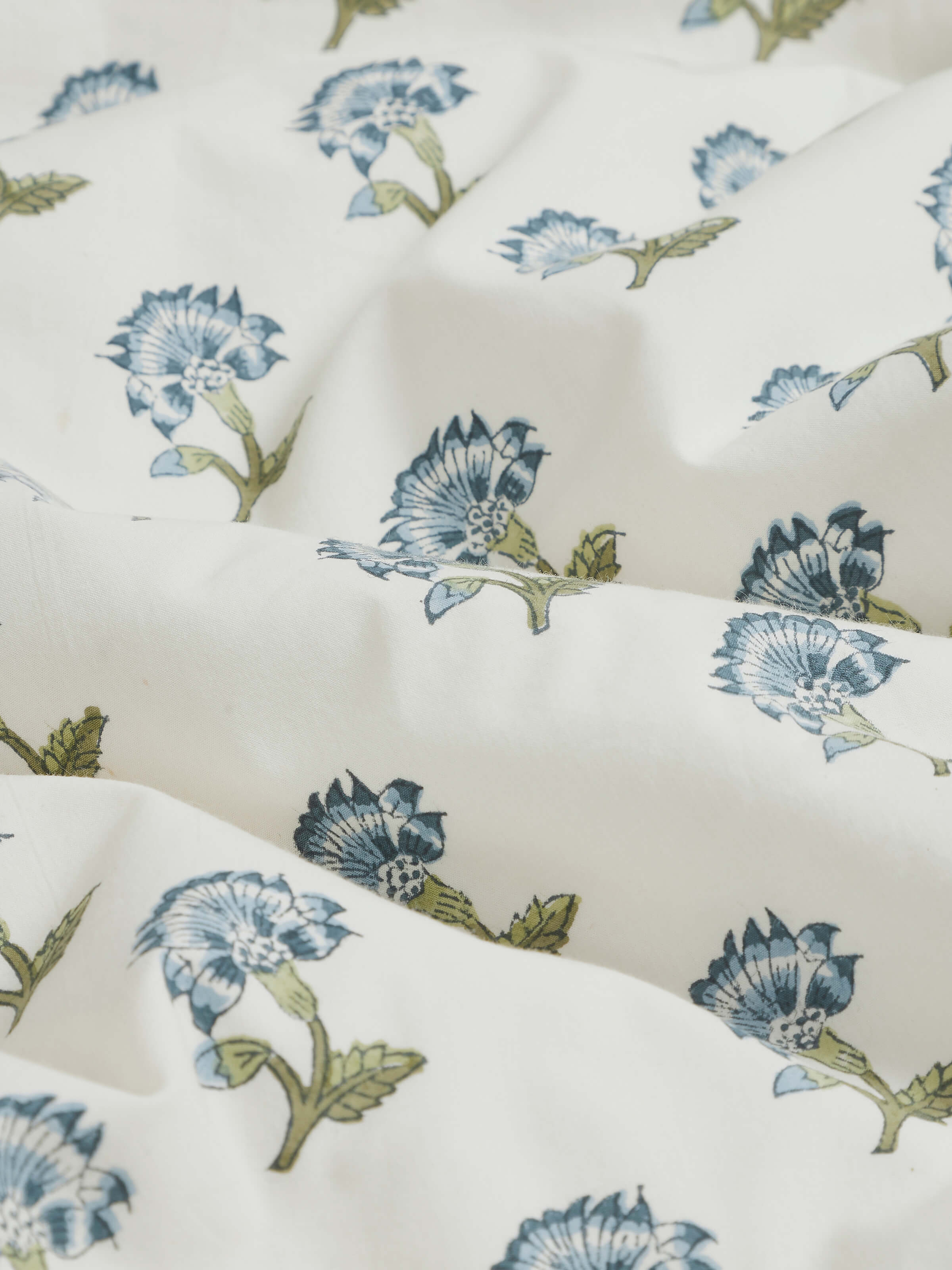 Front view of Aarunya Blue Floral Cotton Sanganeri Block Printed Queen Duvet Cover displaying the full duvet cover design.