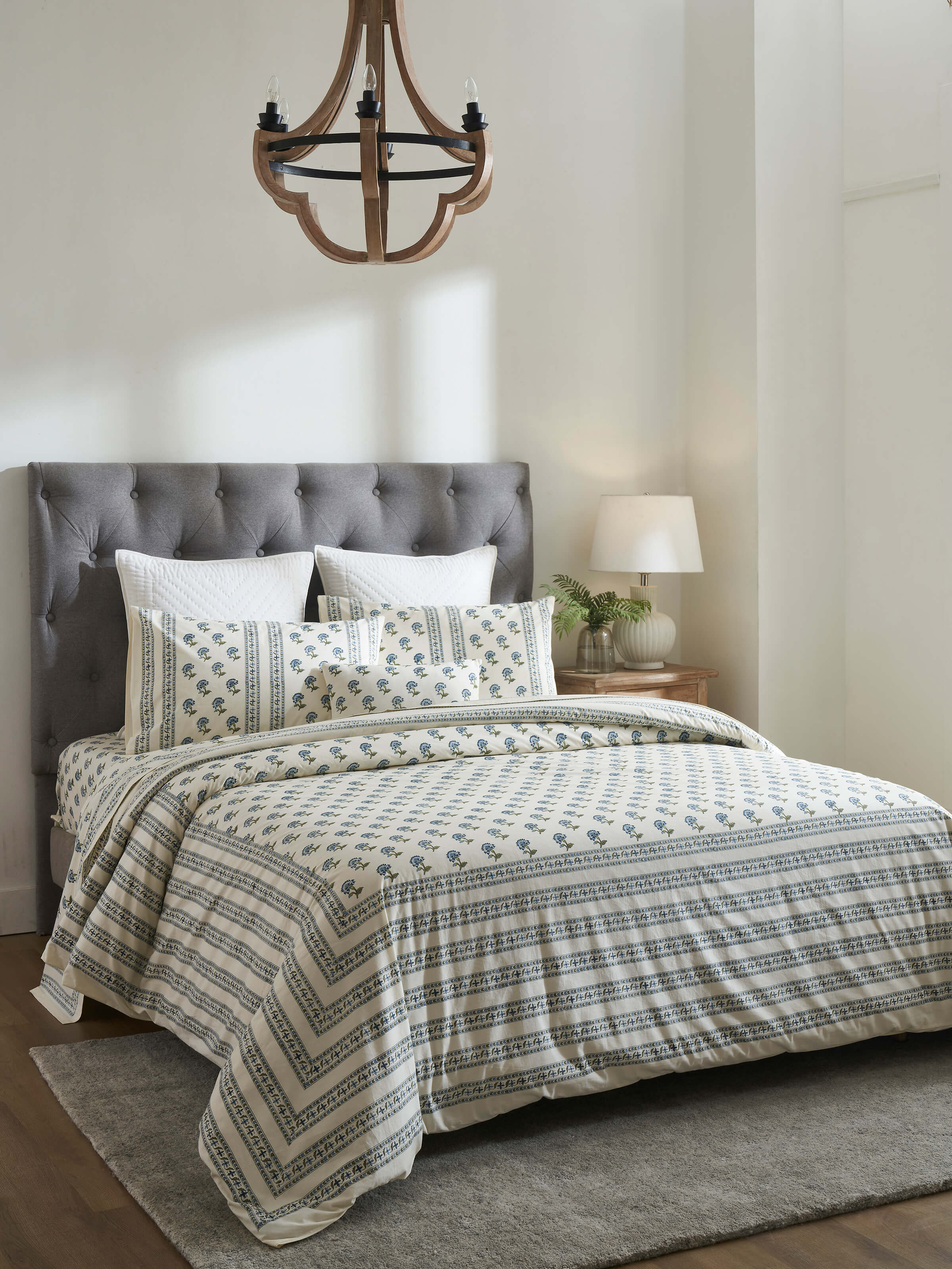 Side view of Aarunya Blue Floral Cotton Sanganeri Block Printed Queen Duvet Cover highlighting the block print design.