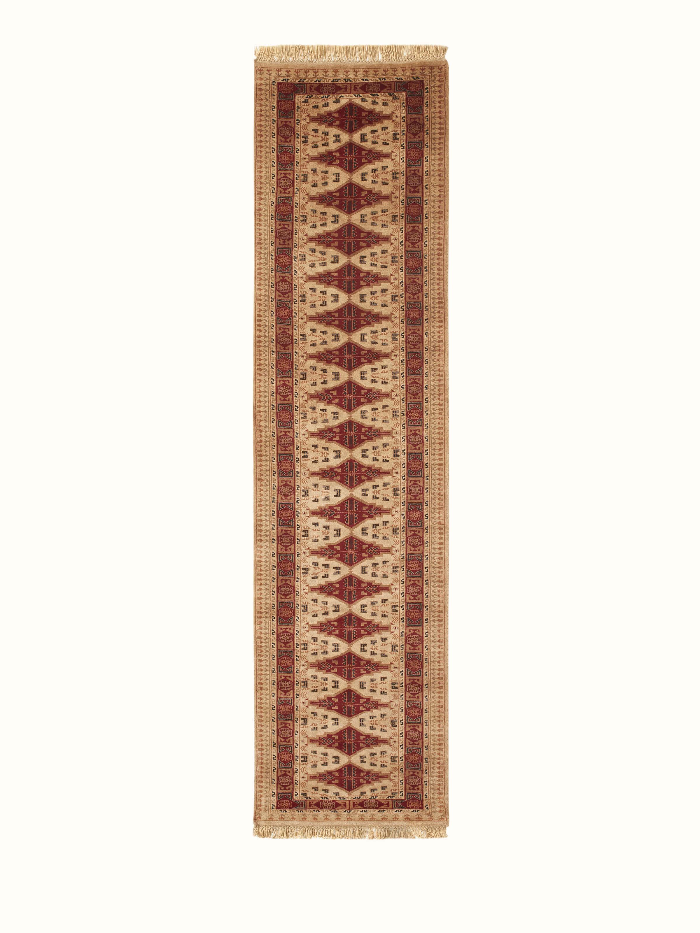 Front view of Traditional Persian Shiraz Beige Rust Gwalior Wool Hand-Knotted Runner showcasing intricate design