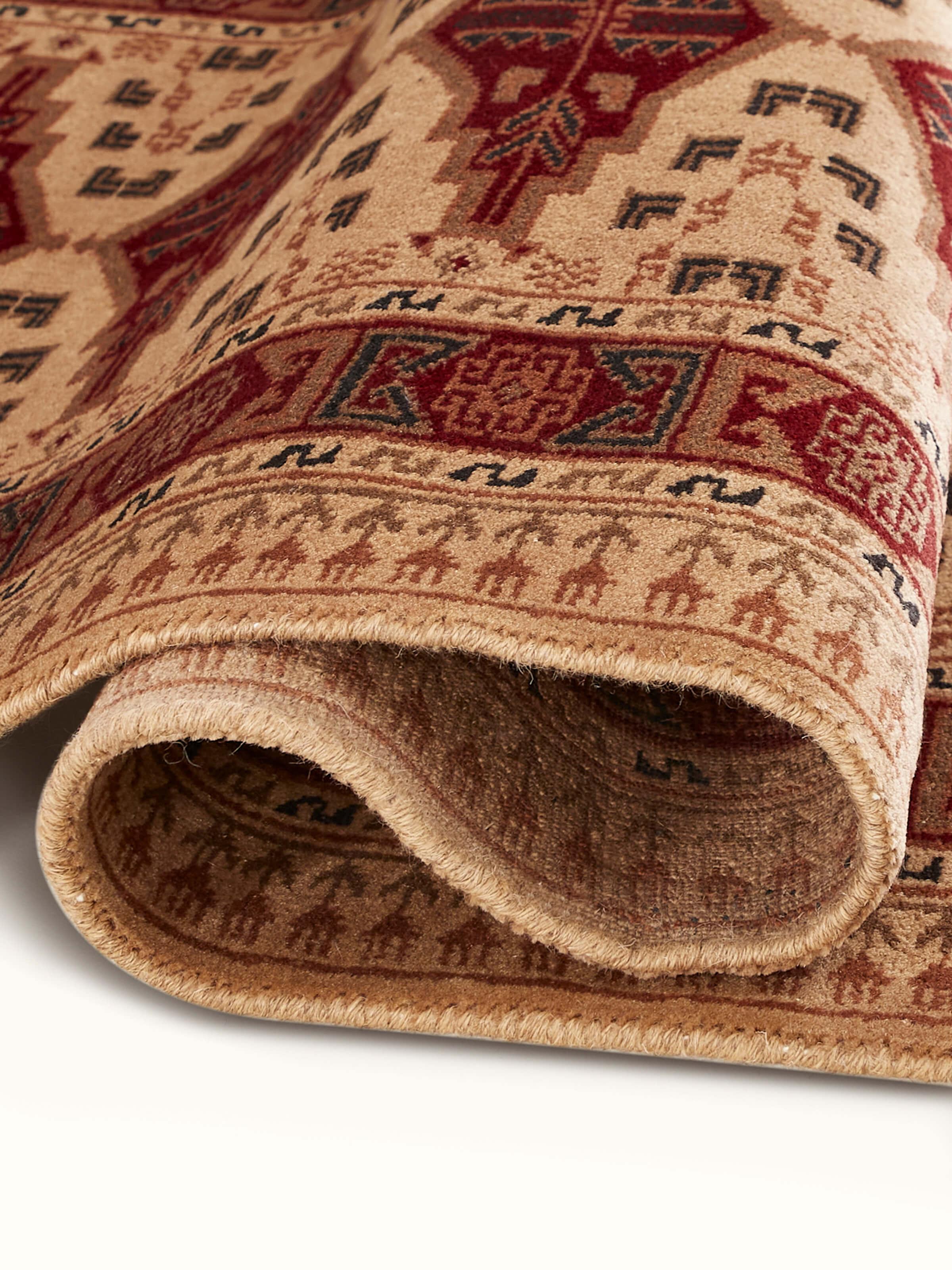 Close-up of Traditional Persian Shiraz Beige Rust Gwalior Wool Hand-Knotted Runner focusing on hand-knotted details