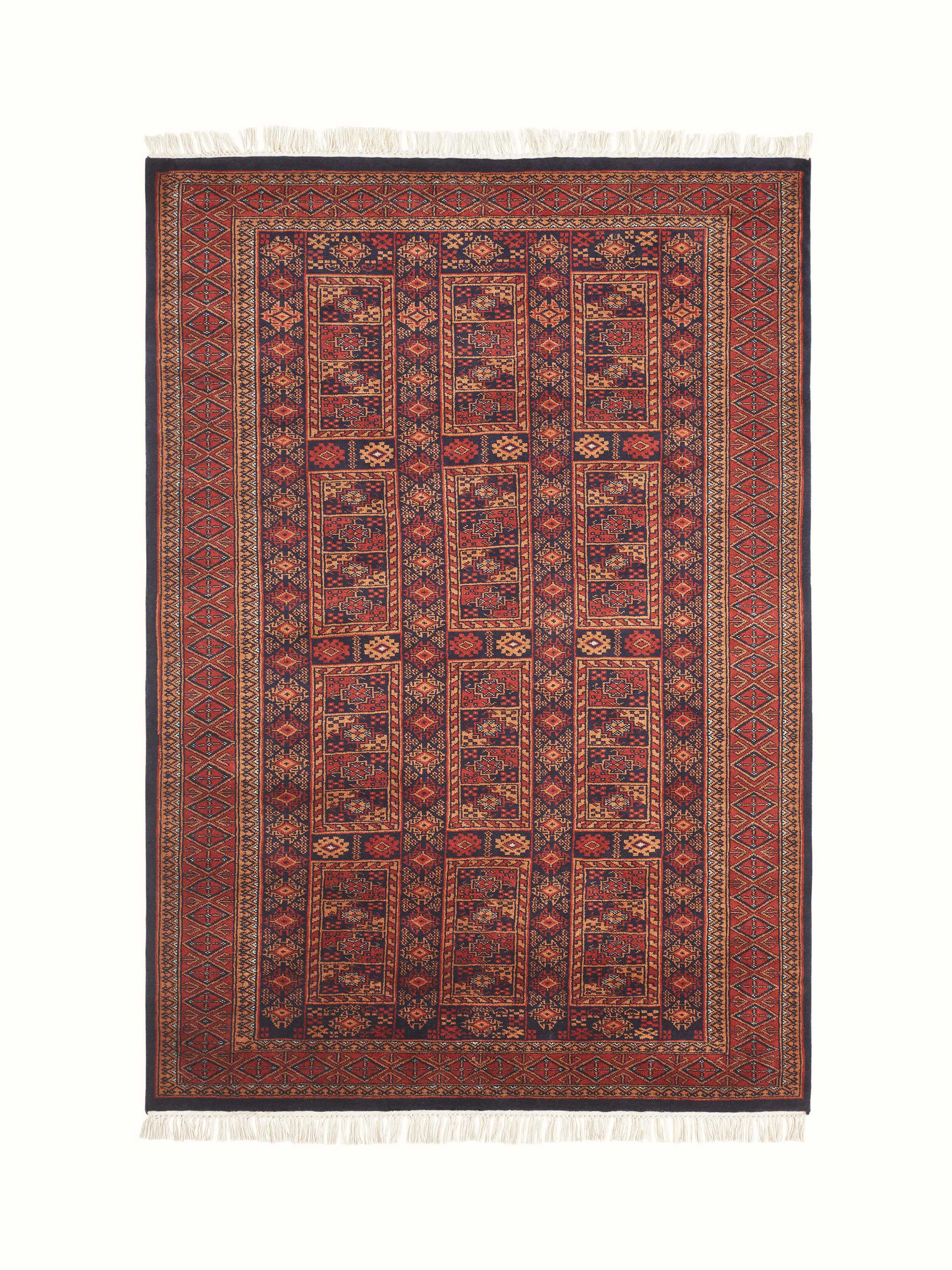 Full view of Traditional Bukhara Red Gwalior Wool Hand-Knotted Rug showcasing the rich red color and intricate hand-knotted design.