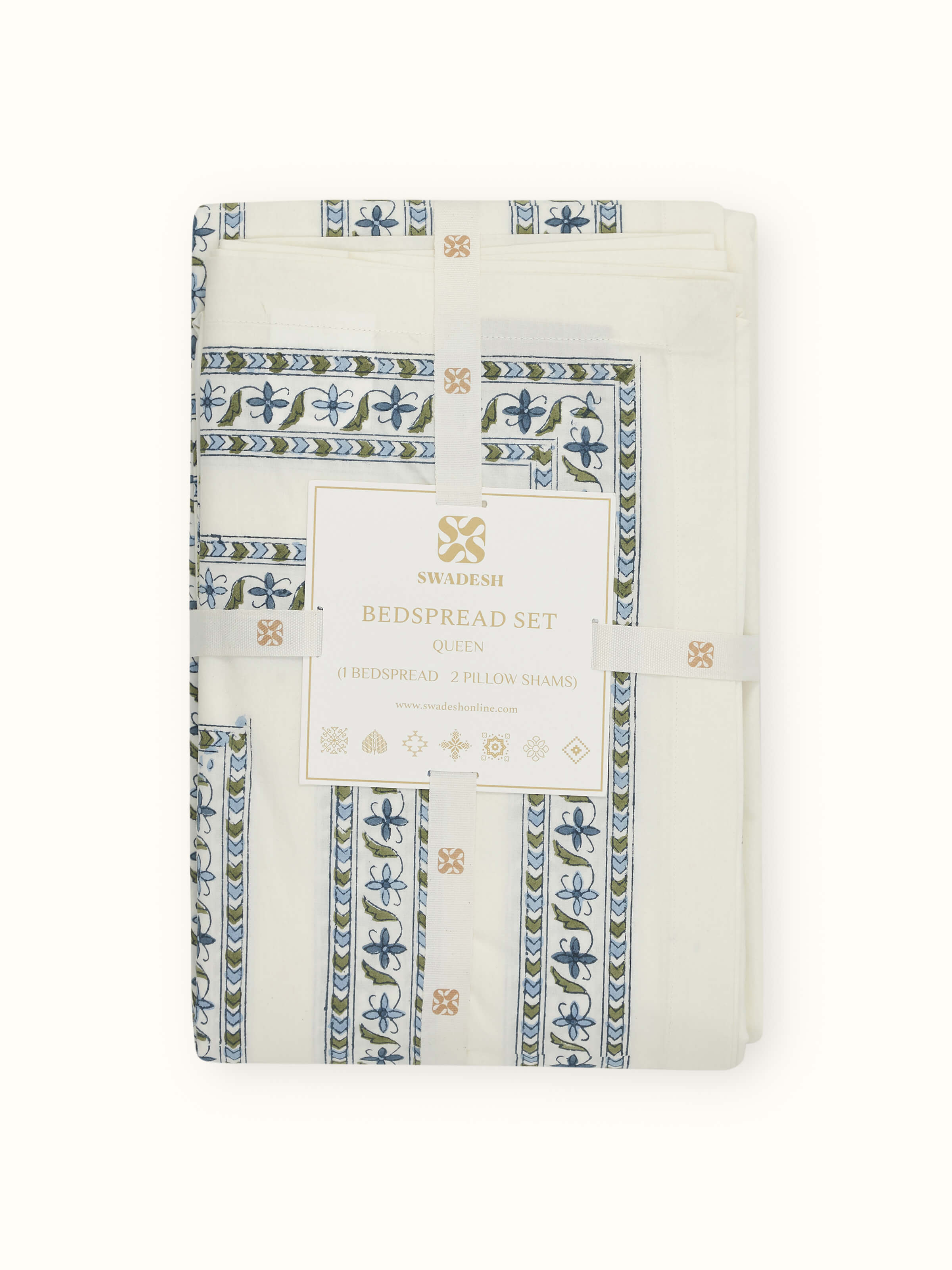 Aarunya blue buta cotton Sanganeri block printed queen bedsheet set laid out to show the detailed block print design