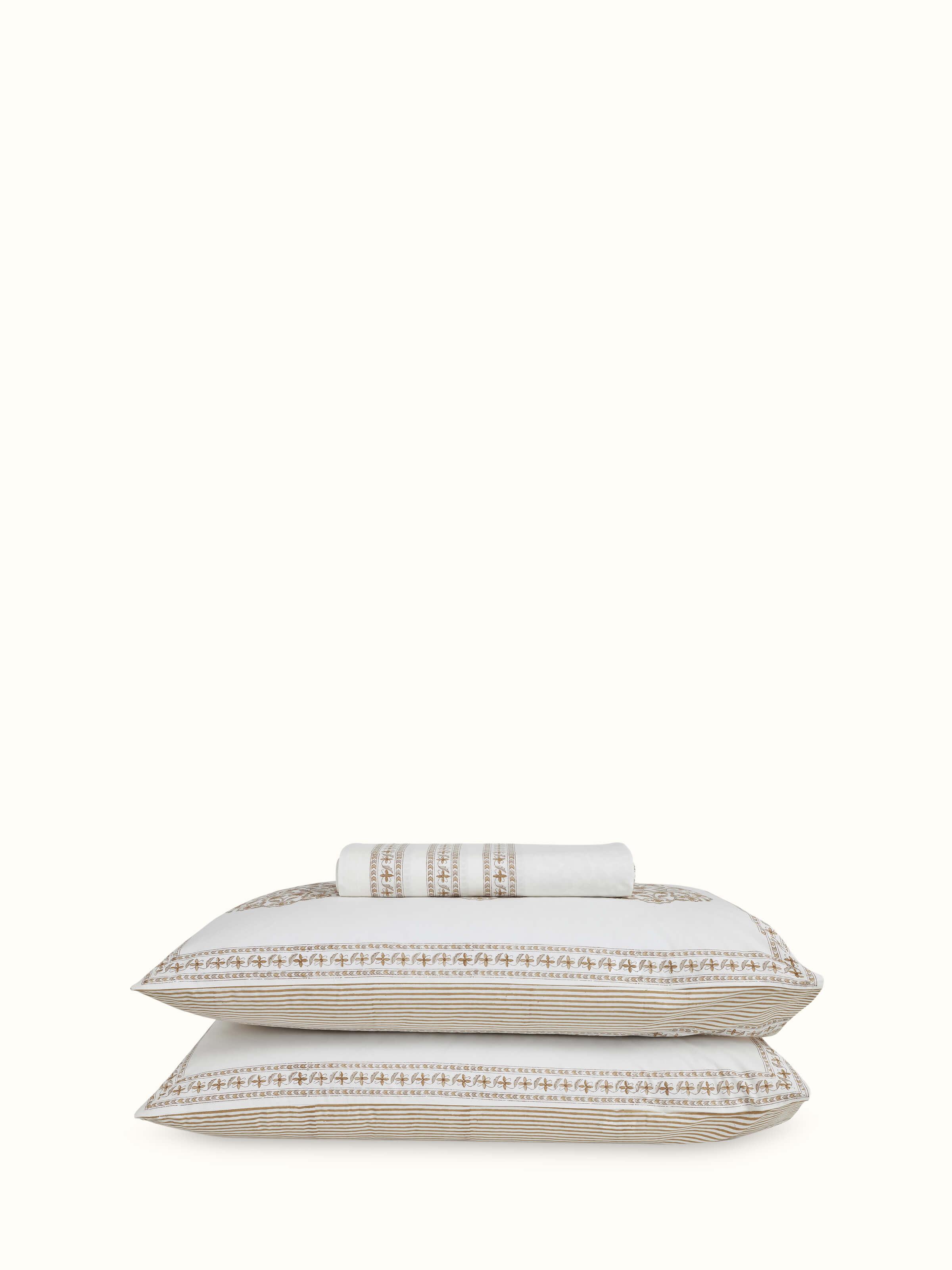Front view of Aarunya beige buta cotton Sanganeri block printed king bedsheet set (3 pcs), featuring intricate block print designs.