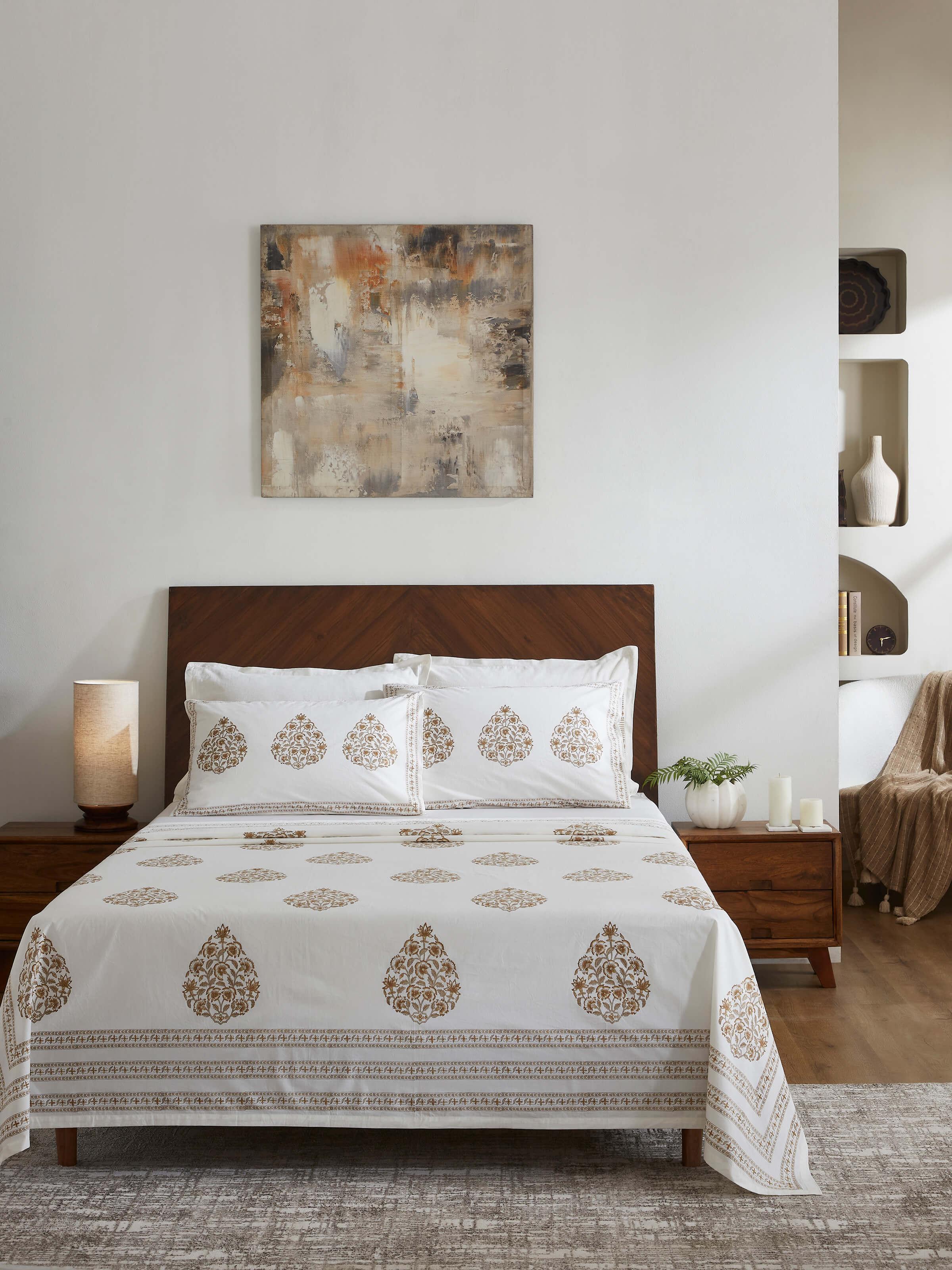 Detailed close-up of Aarunya beige buta cotton Sanganeri block printed queen bedsheet set (3 pcs) highlighting the intricate block print.