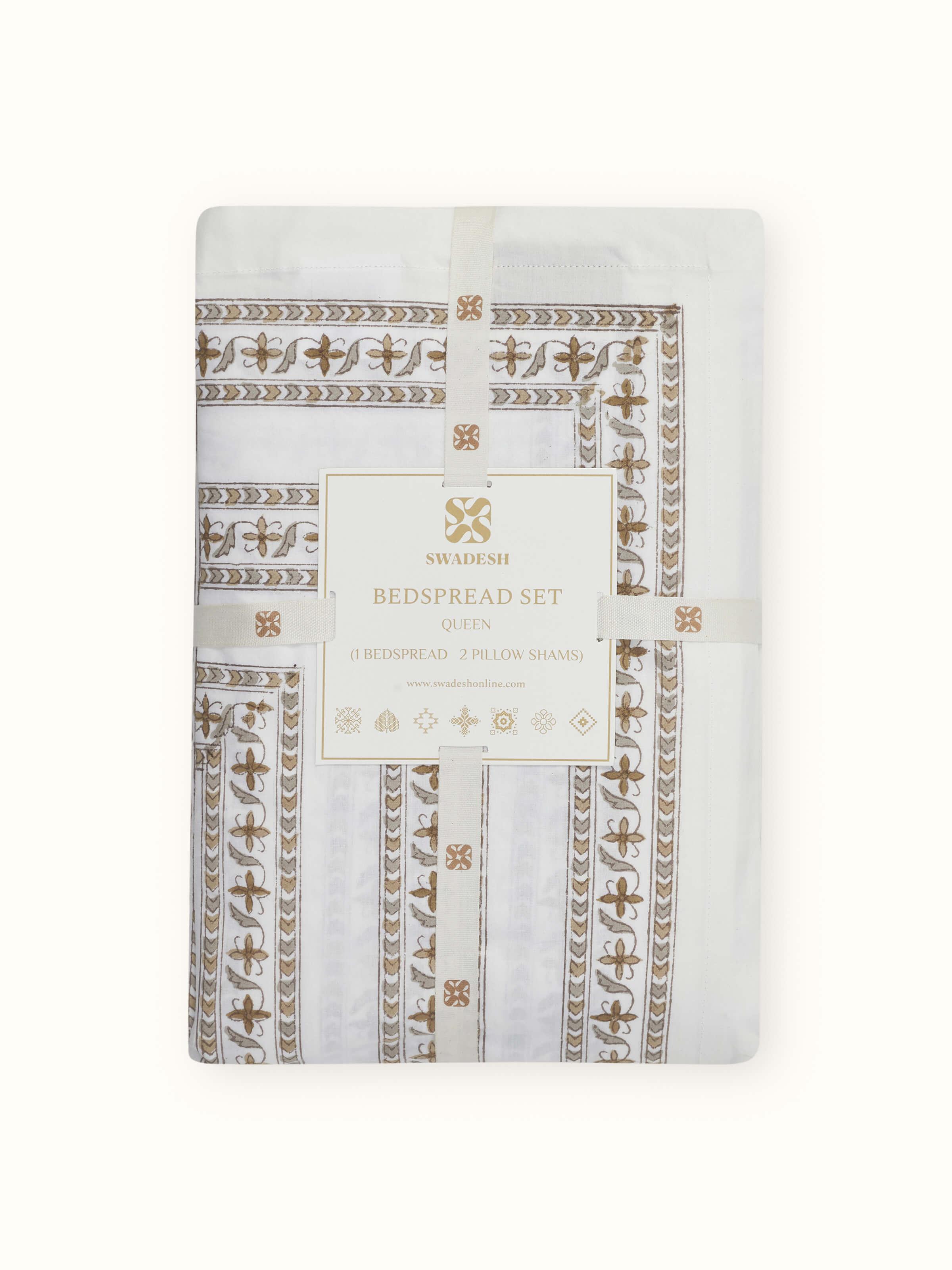 Aarunya beige buta cotton Sanganeri block printed queen bedsheet set (3 pcs) in use, demonstrating its design and texture on a bed.