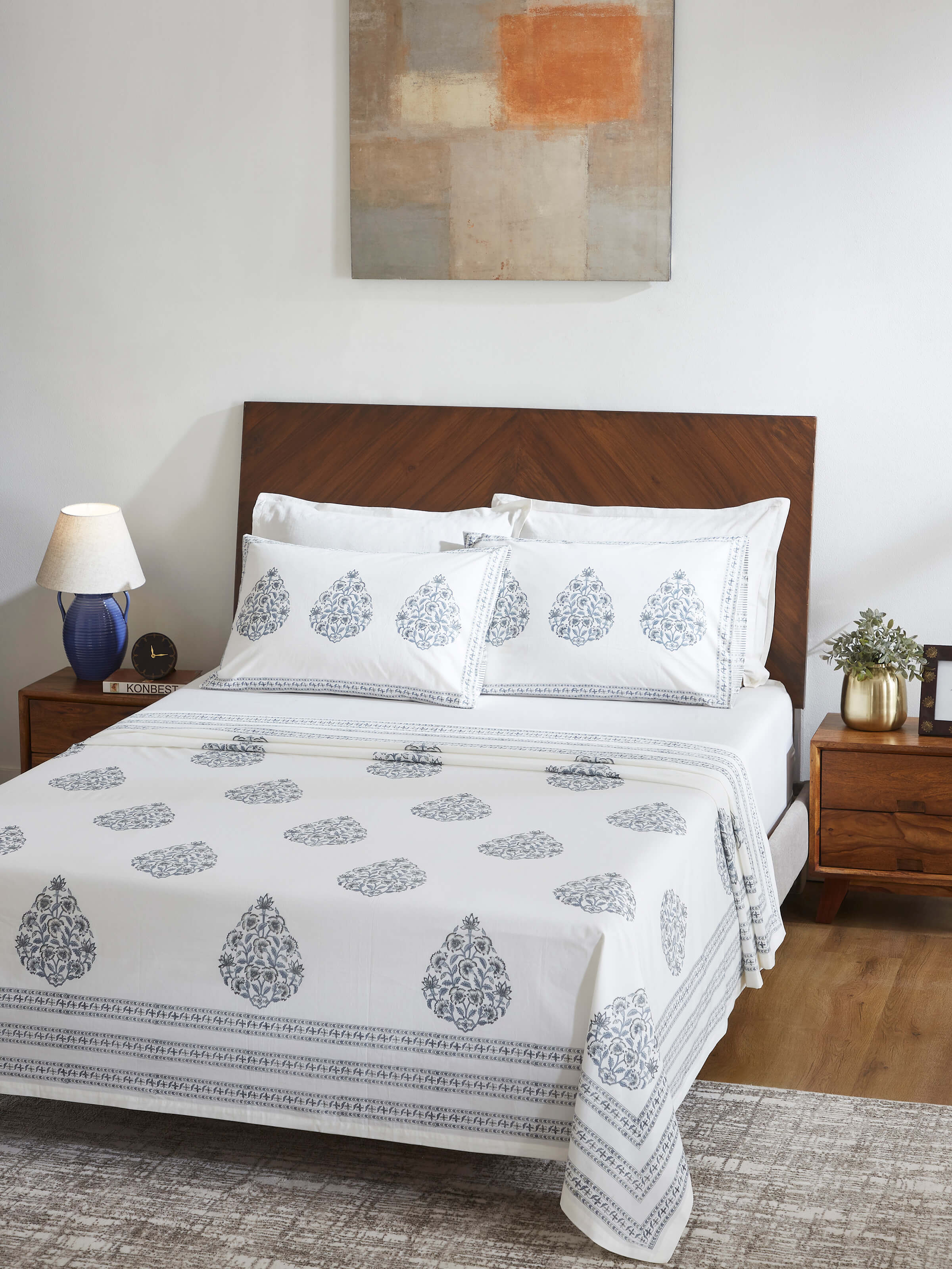 Close-up of Aarunya Grey Buta Cotton Sanganeri Block Printed Queen Bedsheet Set highlighting the block print and fabric texture.