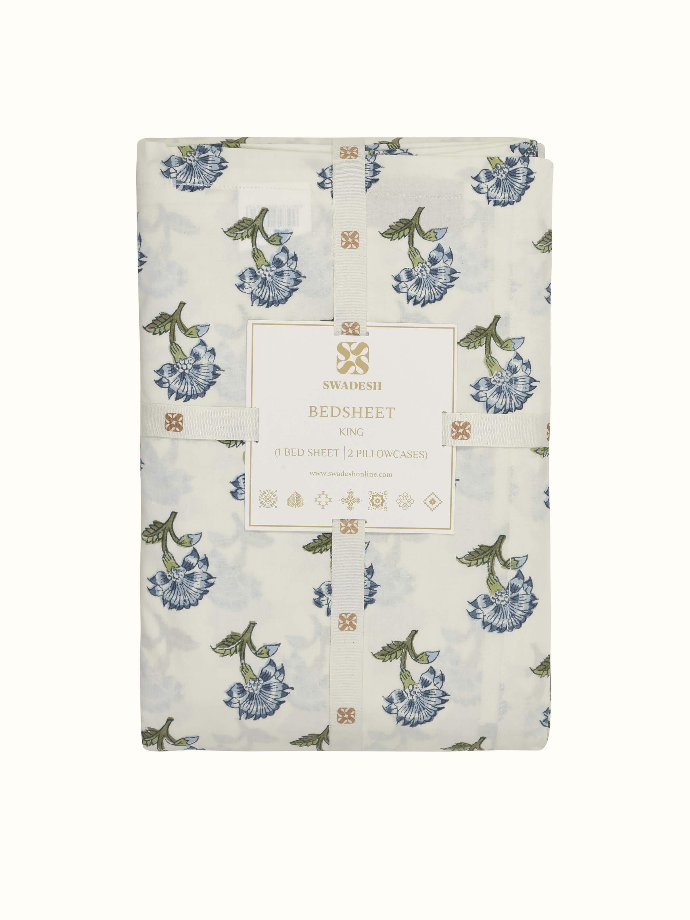 Detailed view of Aarunya blue floral cotton Sanganeri block printed king bedsheet set (3 pcs) capturing the block print and fabric texture.