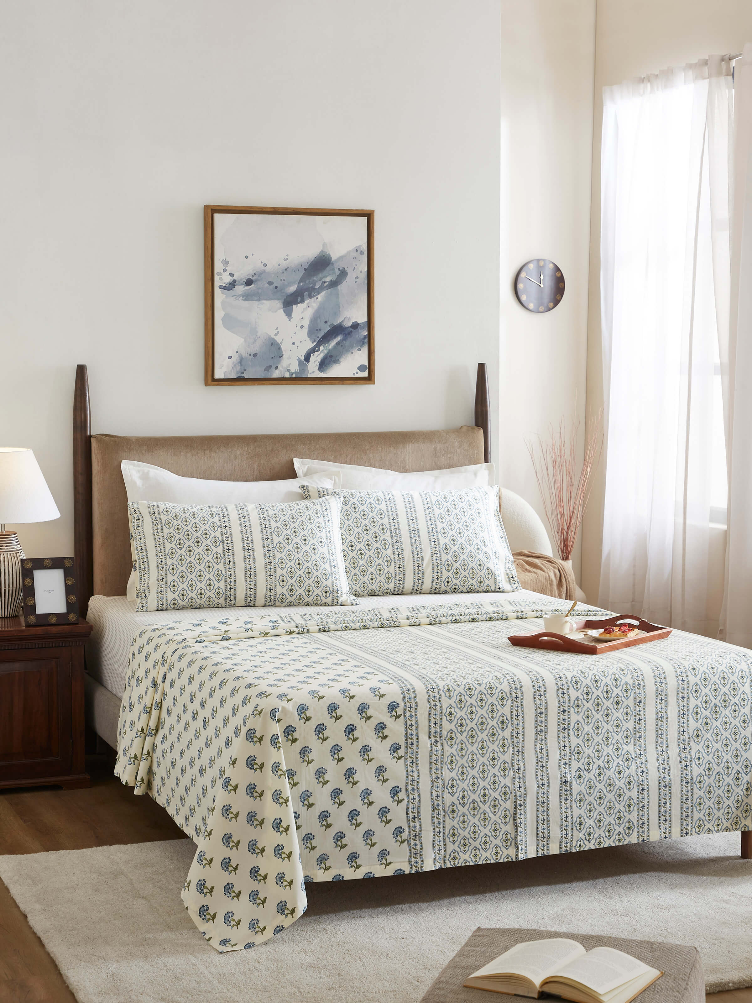 Close-up of Aarunya Blue Floral Cotton Sanganeri Block Printed Queen Bedsheet Set, highlighting the detailed floral print.
