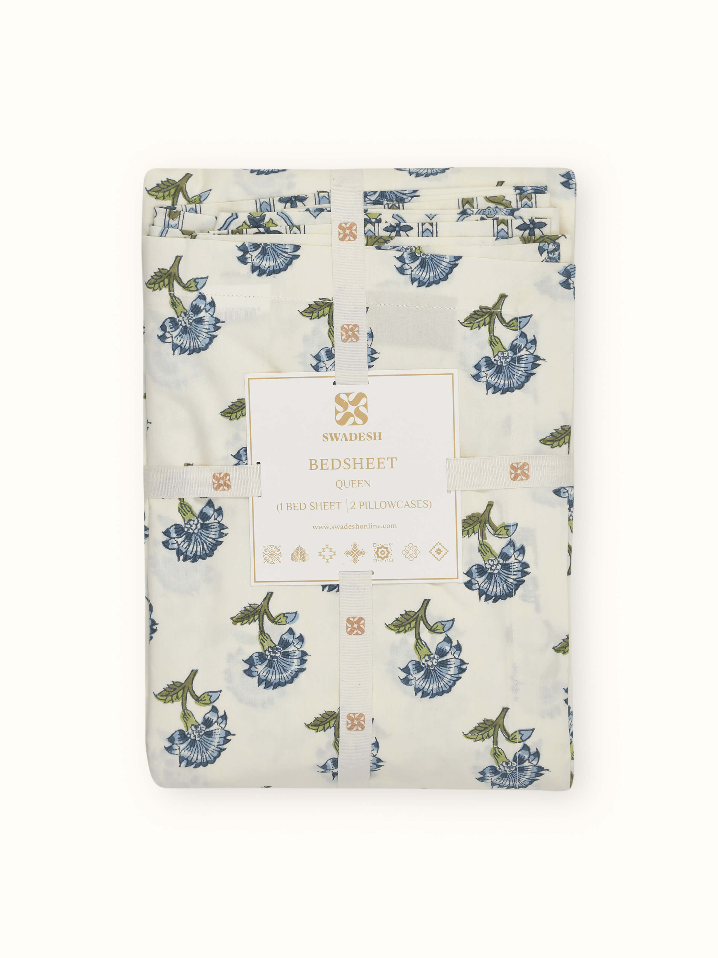 Aarunya Blue Floral Cotton Sanganeri Block Printed Queen Bedsheet Set, featuring the floral print on the flat sheet and pillowcases.