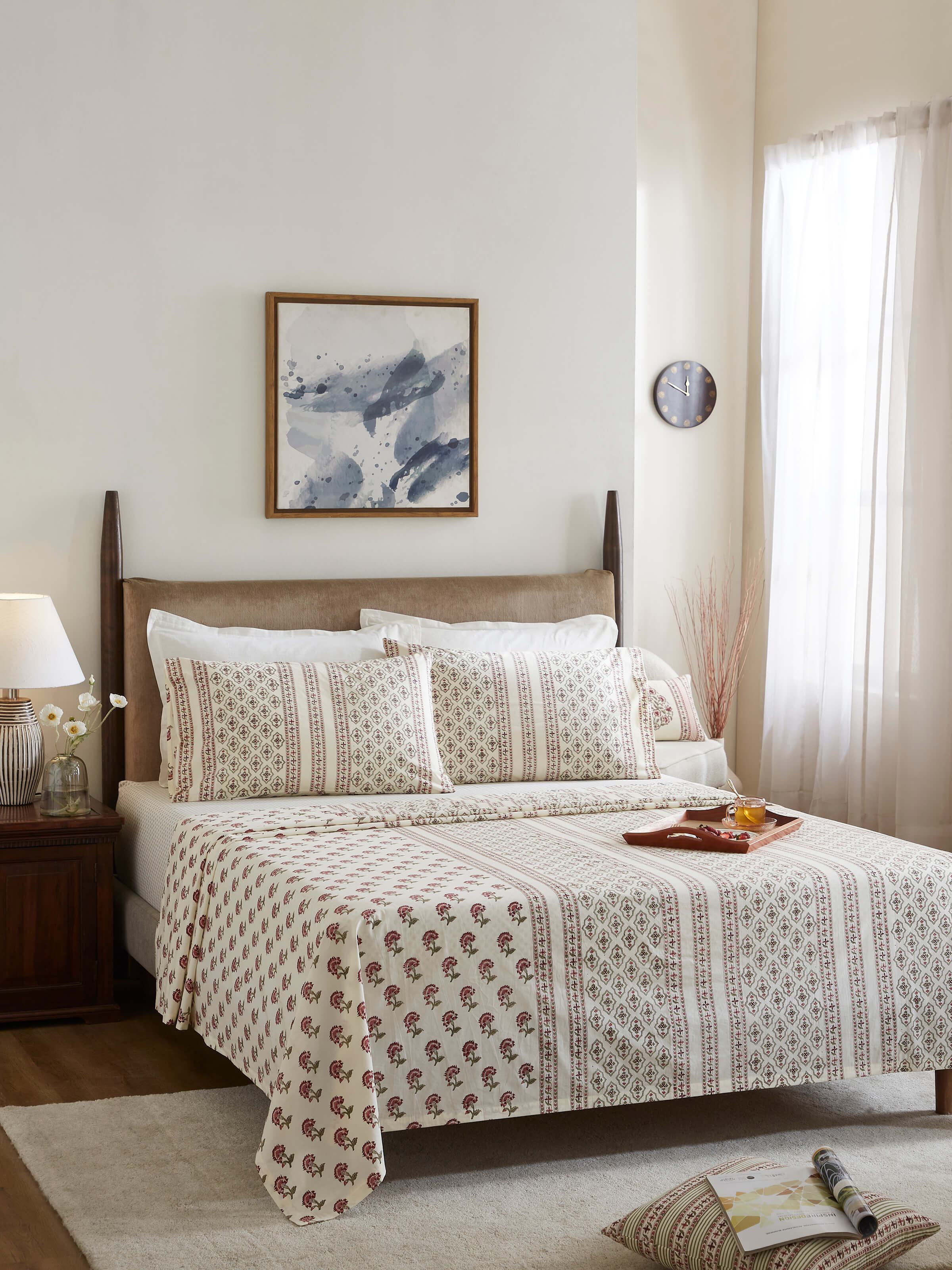 Full view of Aarunya Red Floral Stripe Cotton Sanganeri Block Printed King Bedsheet Set (3 pcs), displaying the full bedsheet.