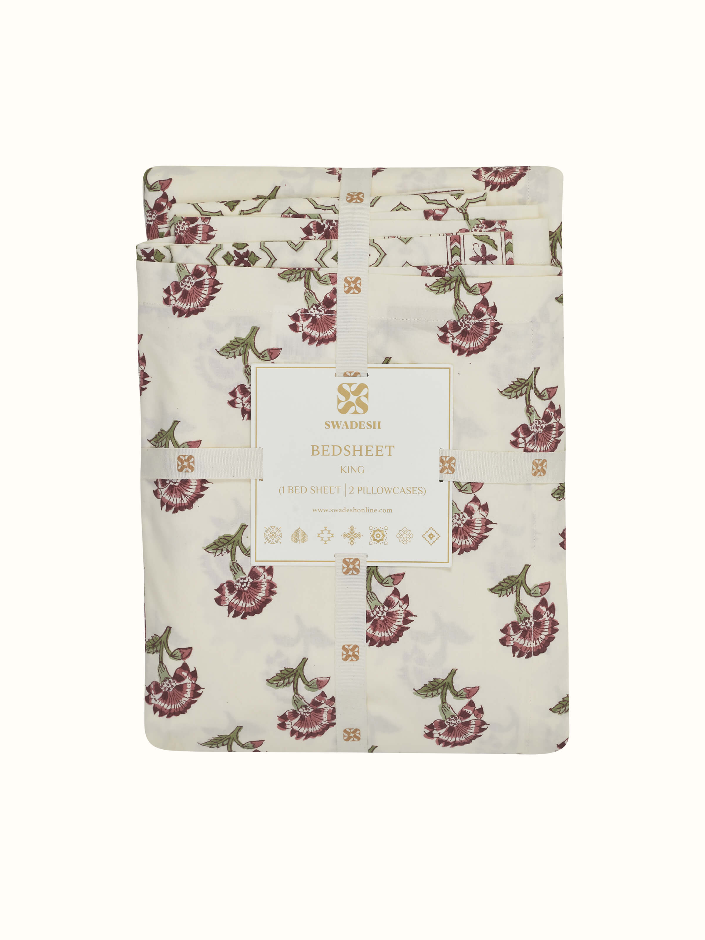 Detailed view of Aarunya Red Floral Stripe Cotton Sanganeri Block Printed King Bedsheet Set (3 pcs), featuring the intricate floral stripes.