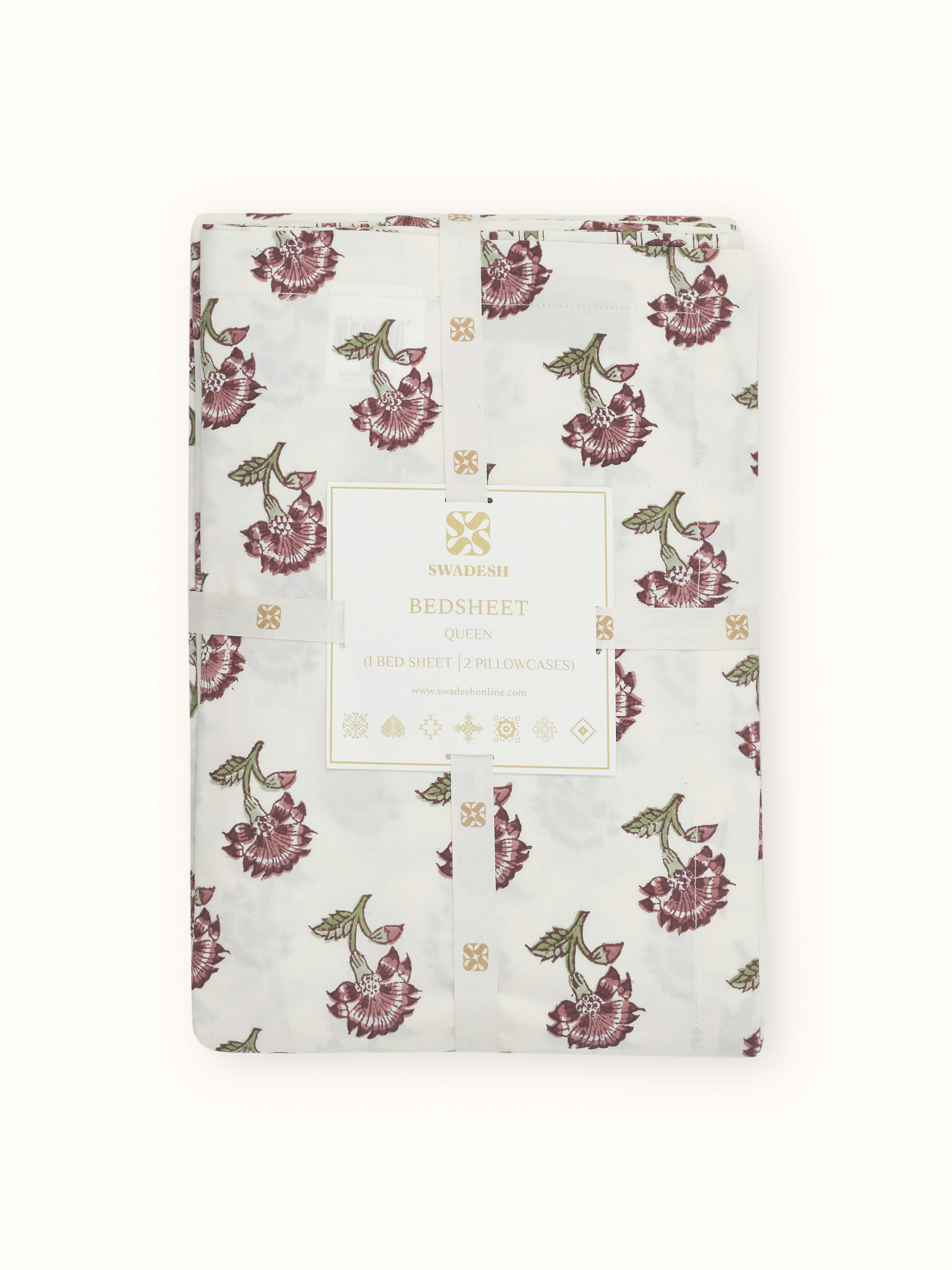 Aarunya Red Floral Cotton Sanganeri Block Printed Queen Bedsheet Set arranged on a bed, displaying the complete design and fit.