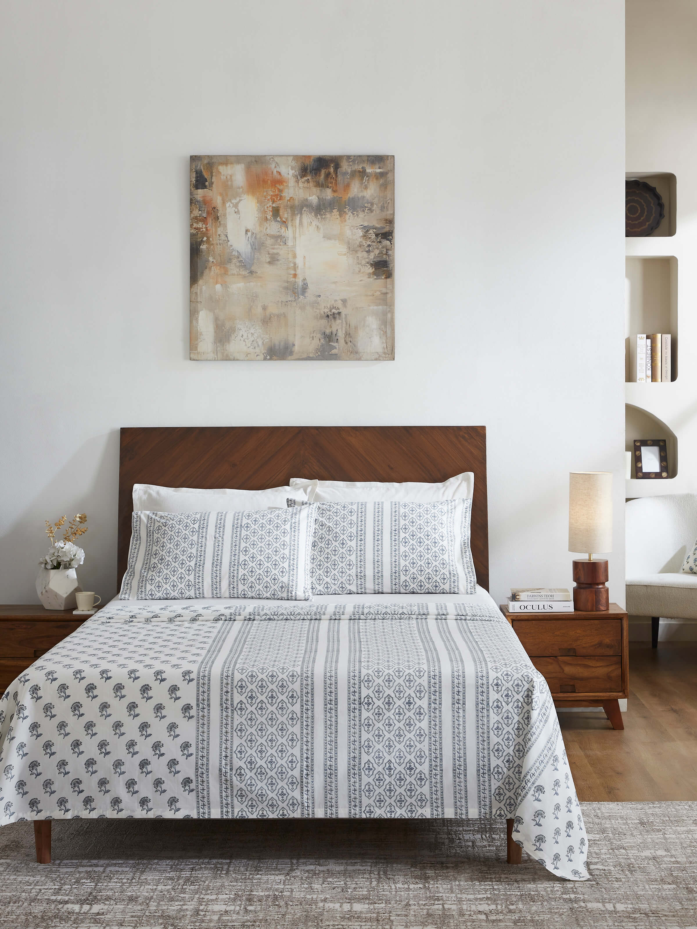 Side view of Aarunya grey floral cotton Sanganeri block printed king bedsheet set emphasizing the detailed block print design