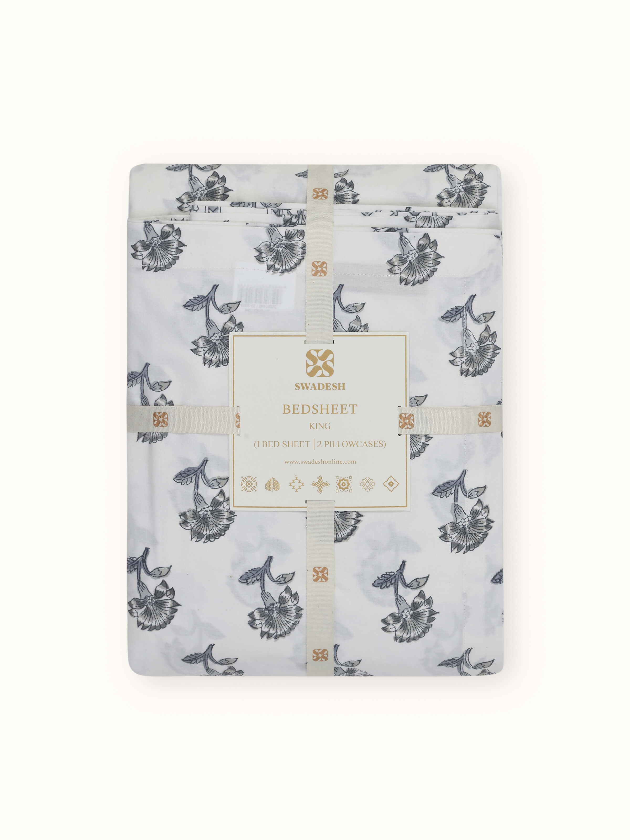 Detailed view of Aarunya grey floral cotton Sanganeri block printed king bedsheet set showcasing the texture and pattern of the fabric