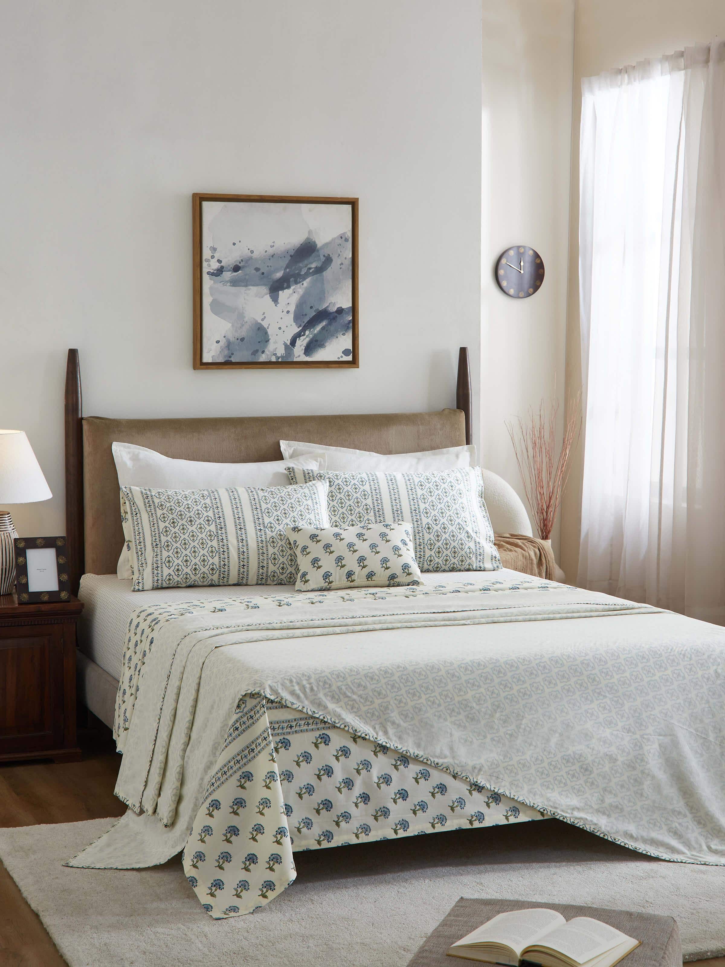 Close-up of Aarunya blue trellis cotton Sanganeri block printed single dohar highlighting the intricate block print and blue color.