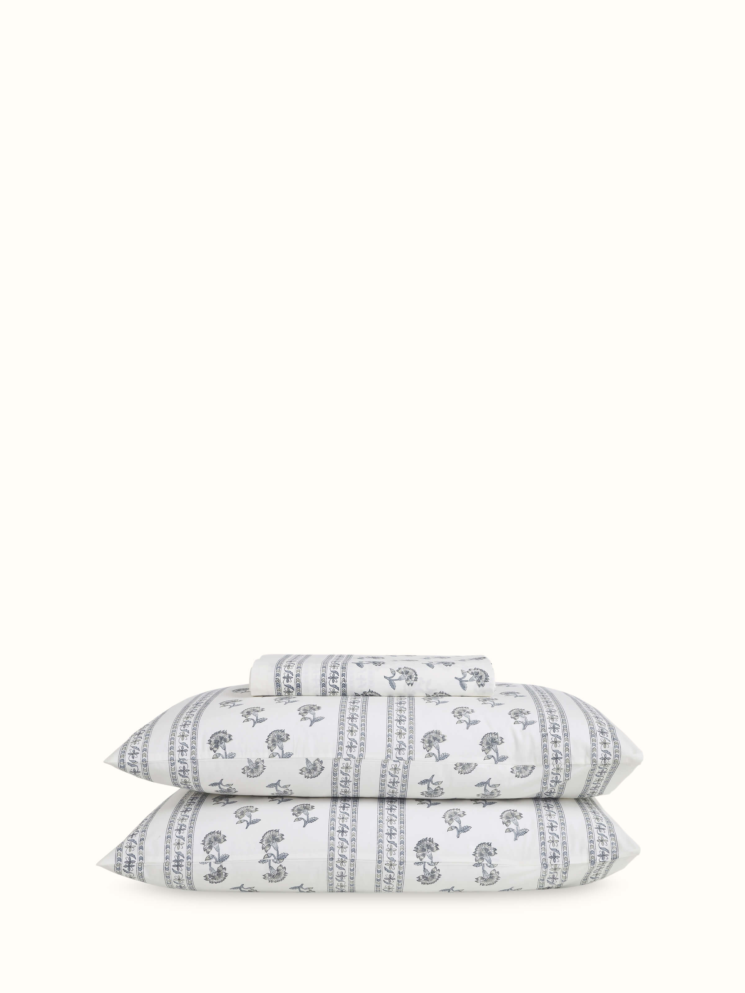 Top view of Aarunya Grey Buti Cotton Sanganeri Block Printed King Bedsheet Set showcasing intricate block print design.