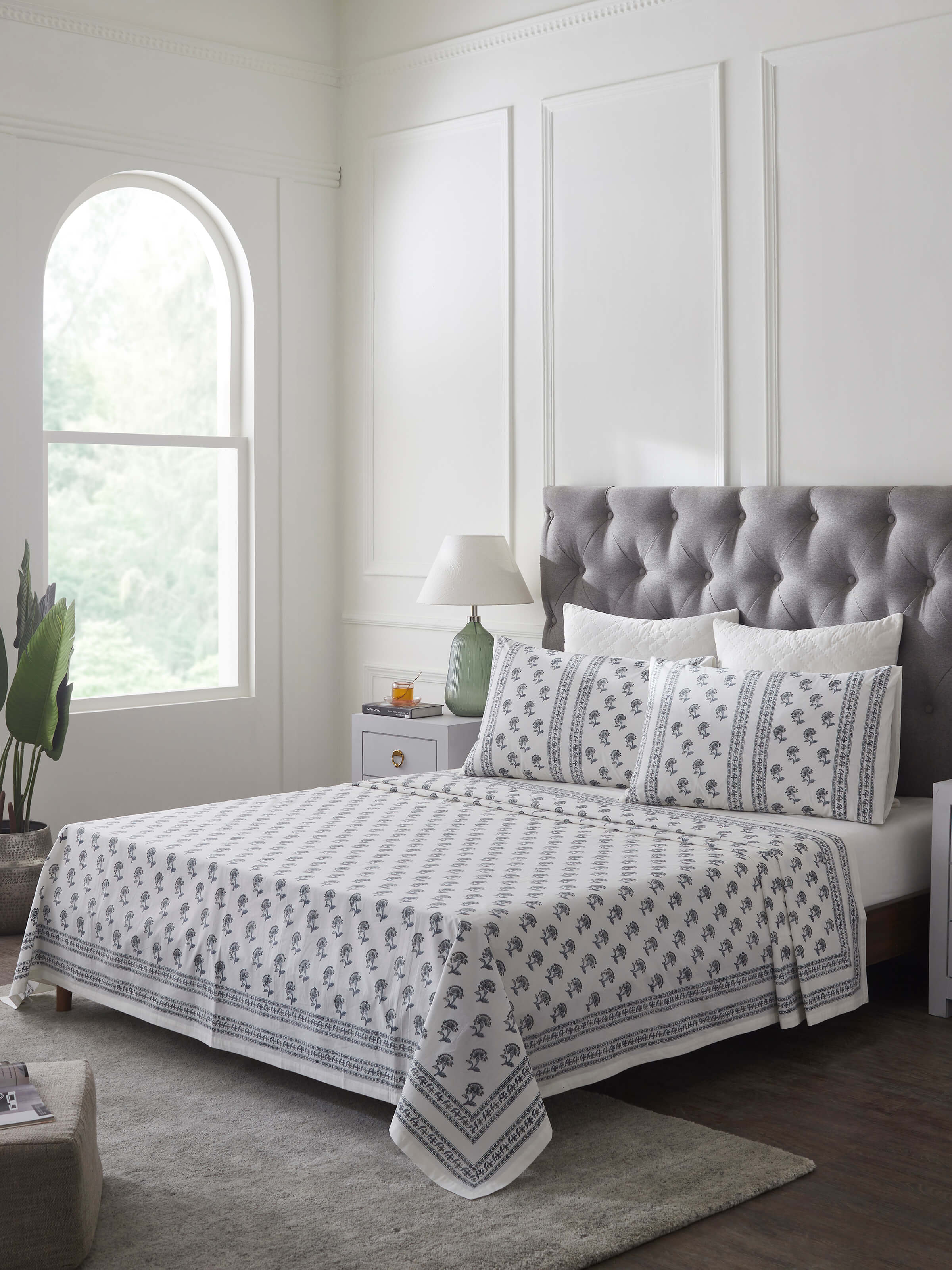 Side view of Aarunya Grey Buti Cotton Sanganeri Block Printed King Bedsheet Set highlighting its elegant block print pattern.