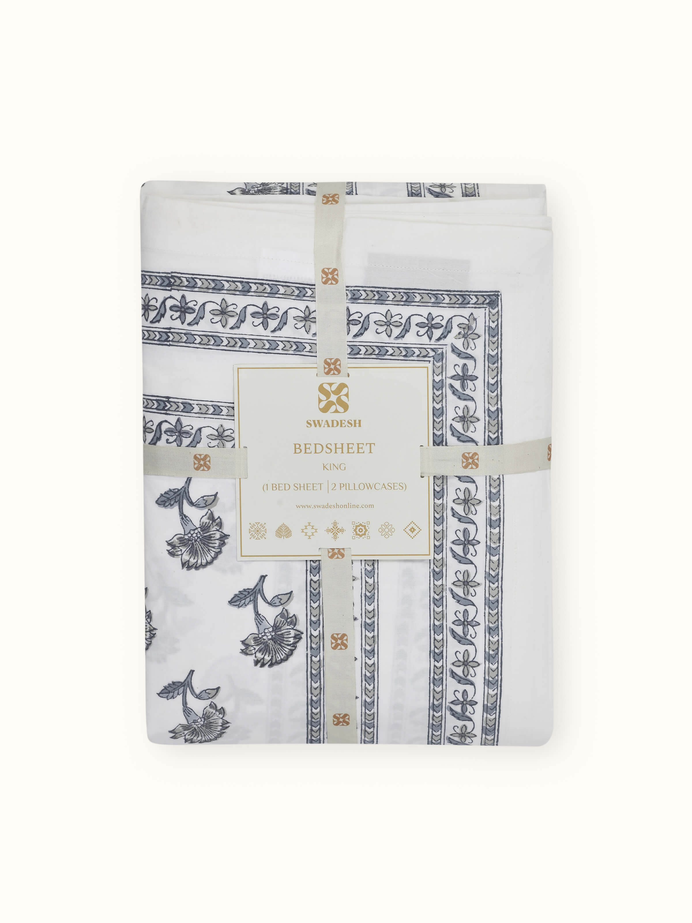 Close-up of Aarunya Grey Buti Cotton Sanganeri Block Printed King Bedsheet Set focusing on the fabric texture and print.