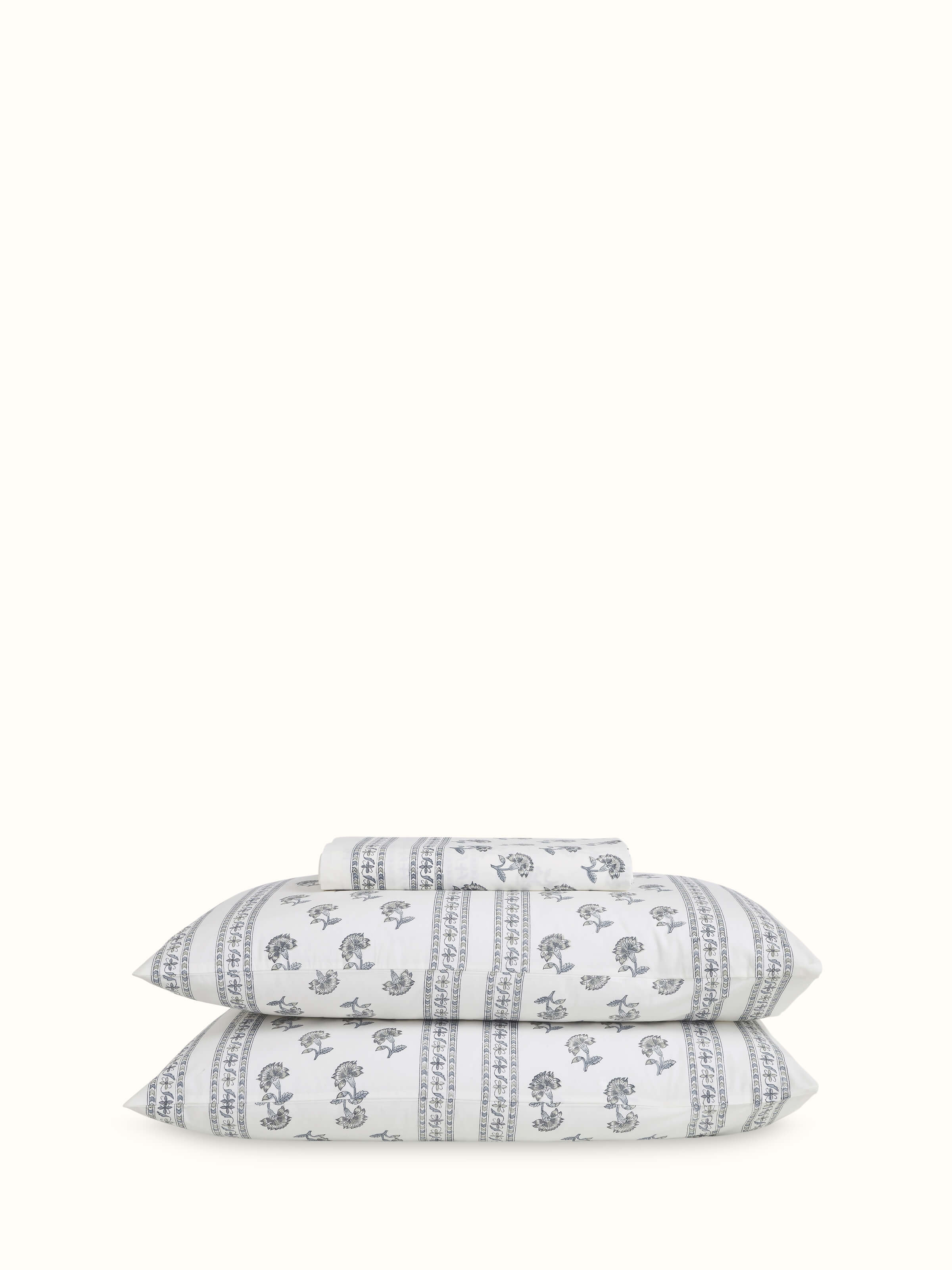 Front view of Aarunya grey buti cotton Sanganeri block printed queen bedsheet set (3 pcs), displaying the block print design.