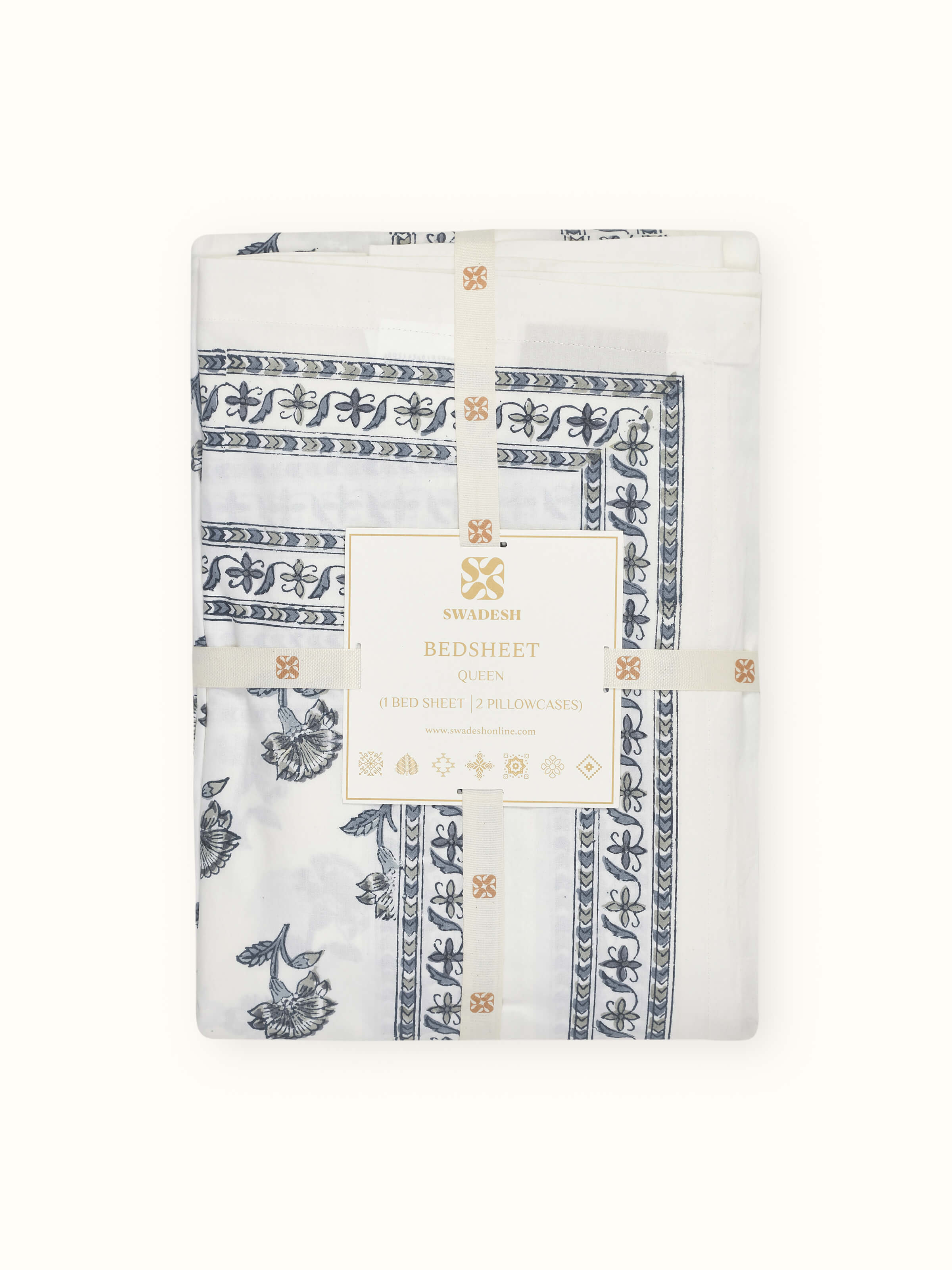 Detailed close-up of Aarunya grey buti cotton Sanganeri block printed queen bedsheet set (3 pcs), focusing on the print quality.