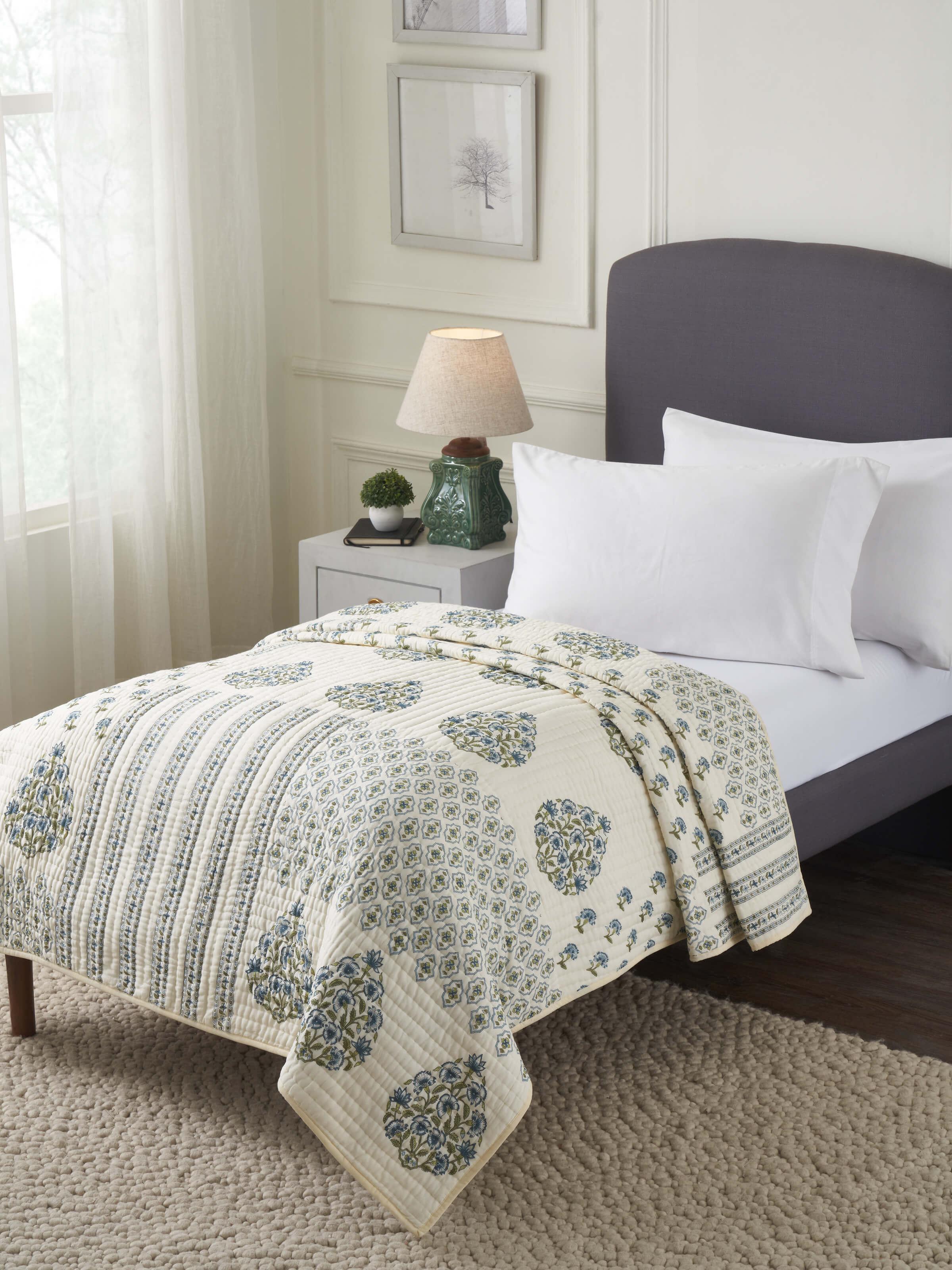 Close-up of Aarunya blue floral cotton Sanganeri block printed single quilt highlighting the block print details and fabric texture